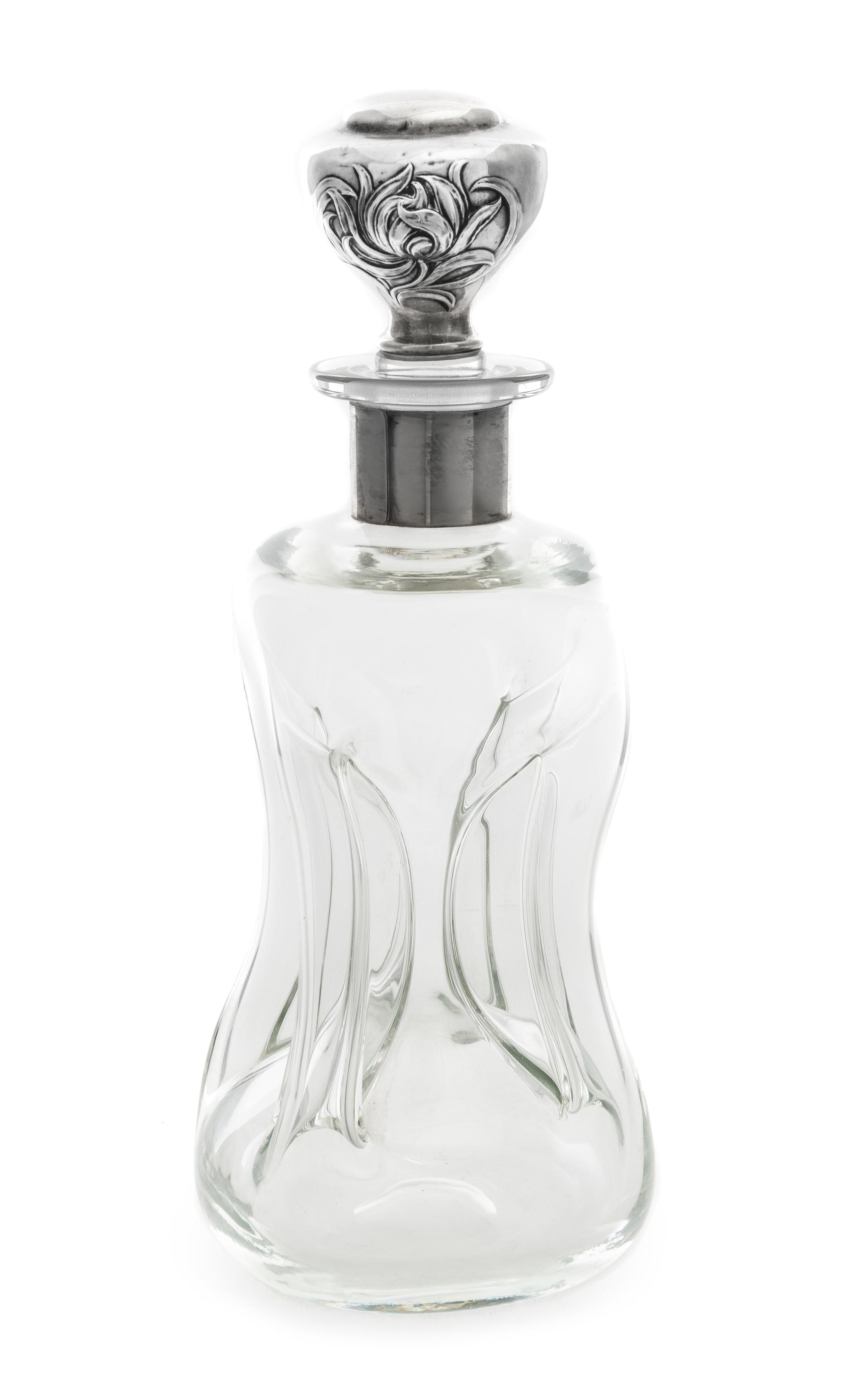 An American Silver-Mounted Liquor Bottle, Gorham Mfg. Co., Providence, RI, the stopper in the Art Nouveau taste over the pinched glass