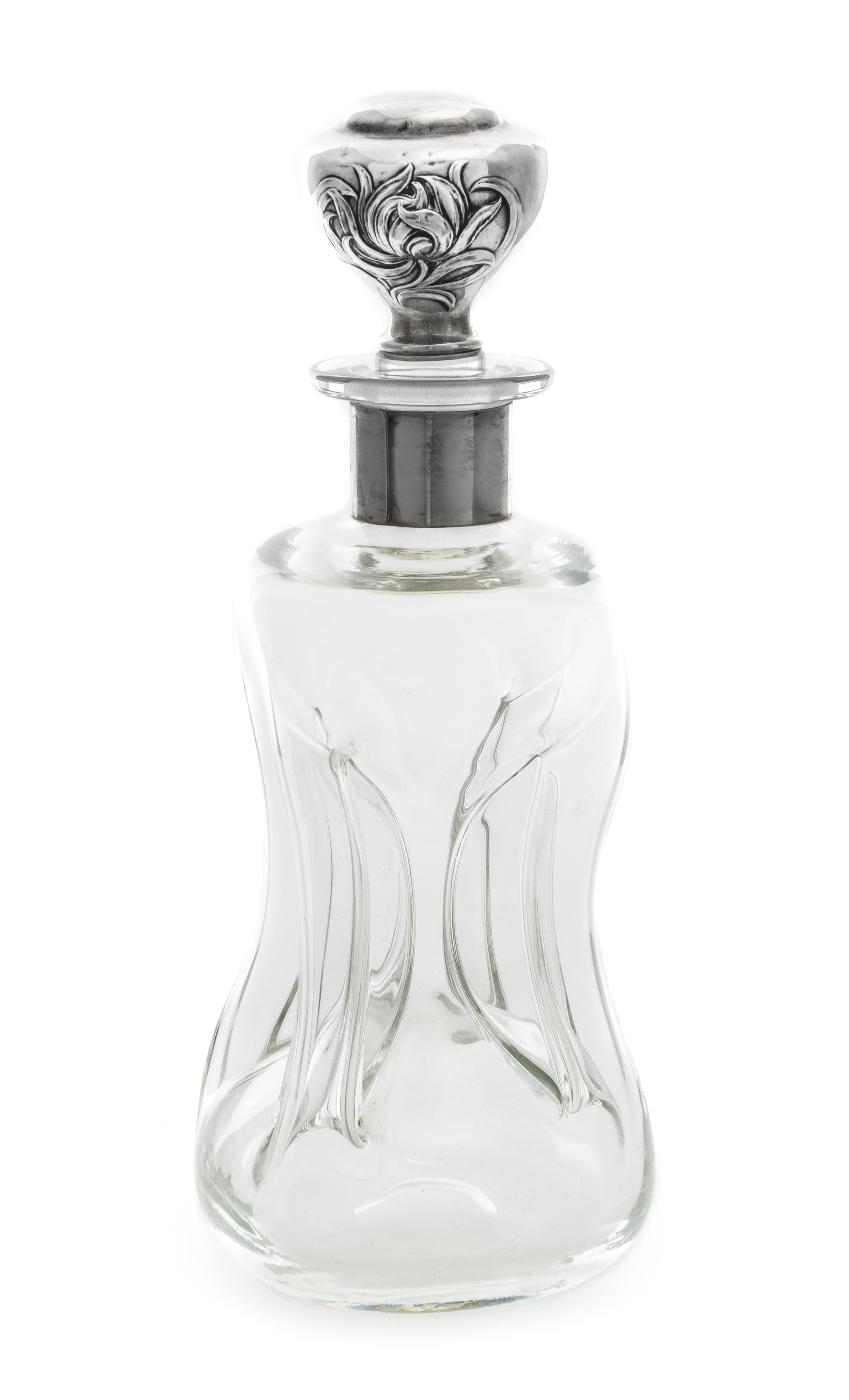 An American Silver-Mounted Liquor Bottle, Gorham Mfg. Co., Providence, RI, the stopper in the Art Nouveau taste over the pinched glass