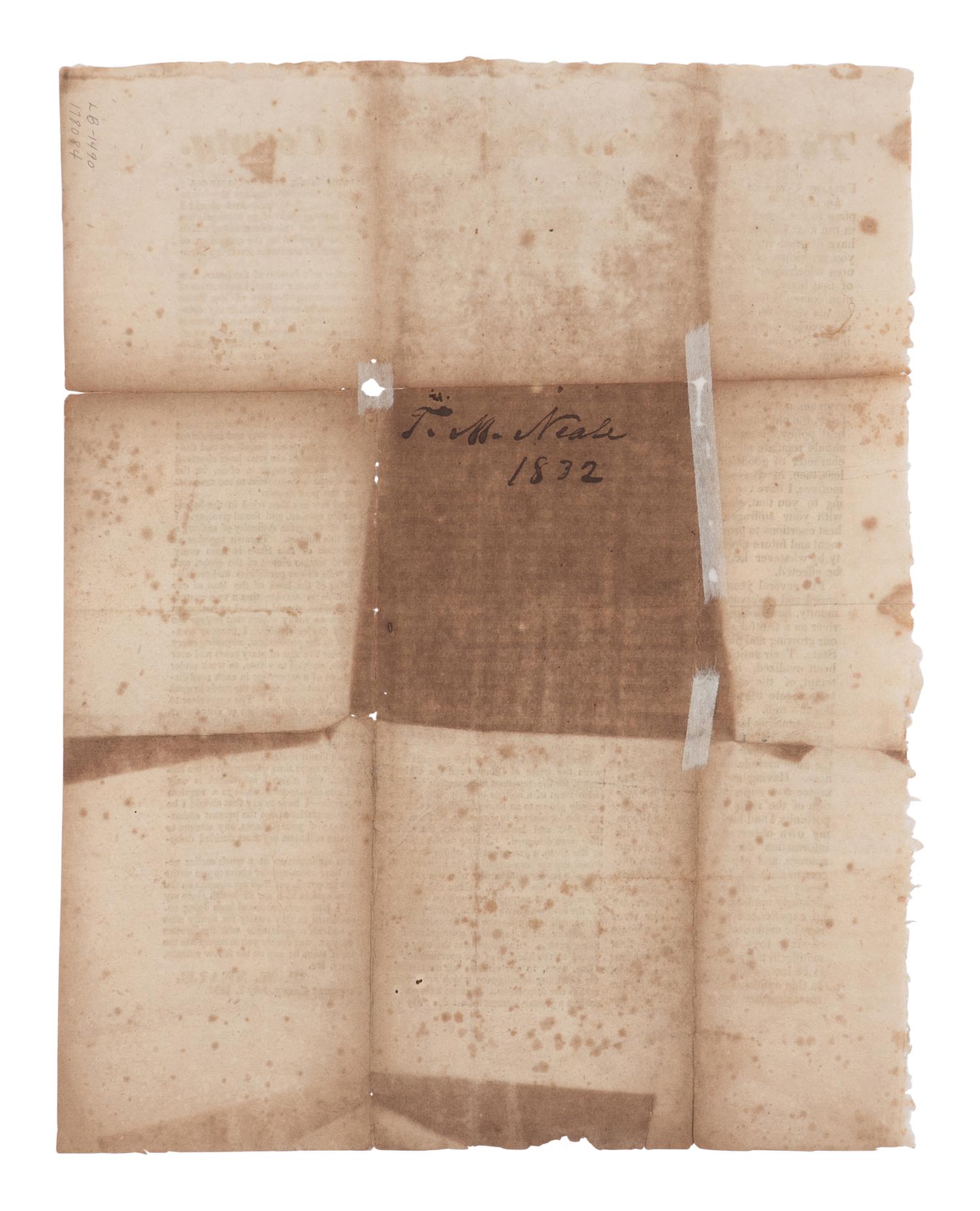 [LINCOLN, Abraham (1809-1865)]. NEALE, Thomas M. To the voters of Sangamon County . Sangamon Co., IL: N.p., July 7, 1832.