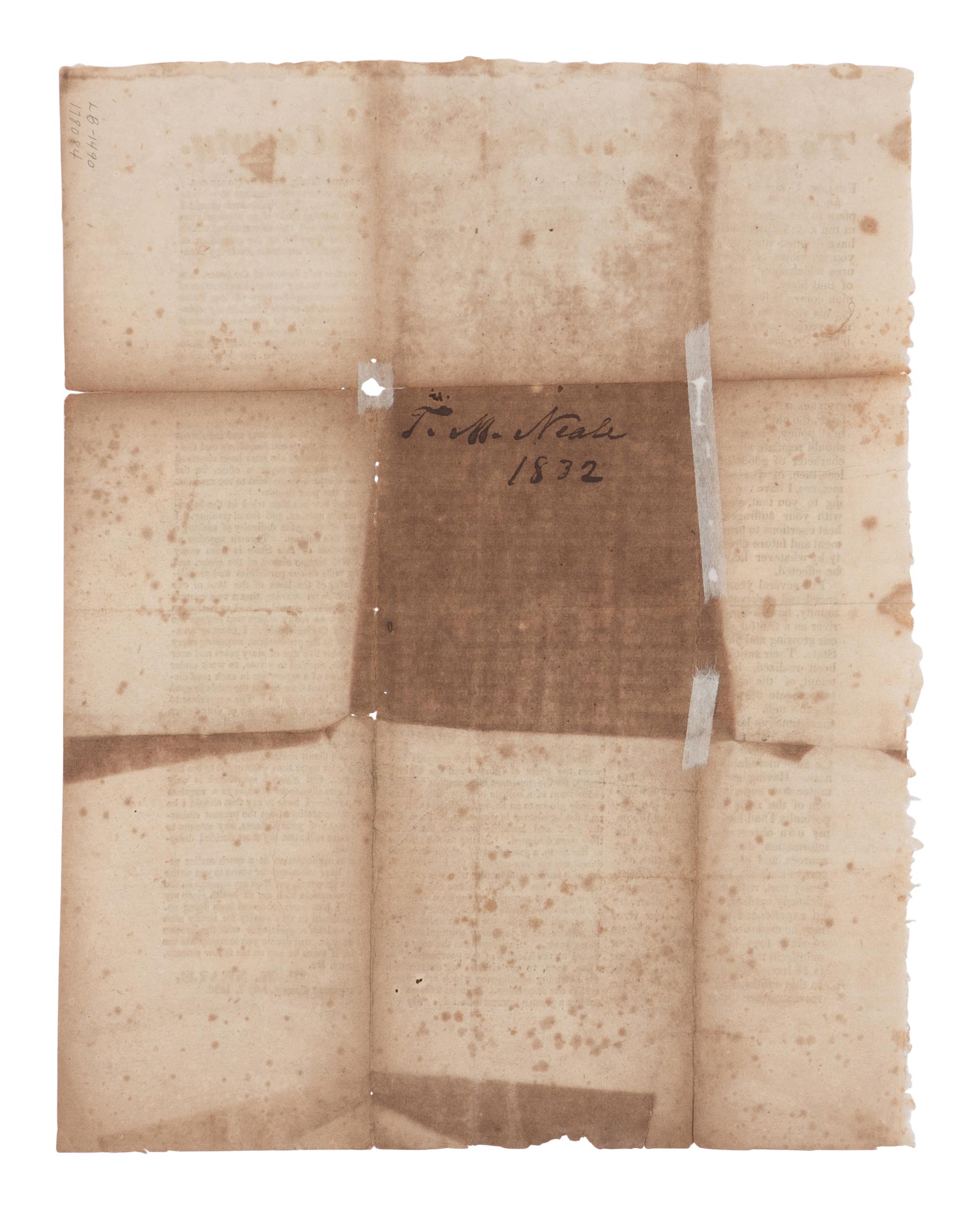 [LINCOLN, Abraham (1809-1865)]. NEALE, Thomas M. To the voters of Sangamon County . Sangamon Co., IL: N.p., July 7, 1832.
