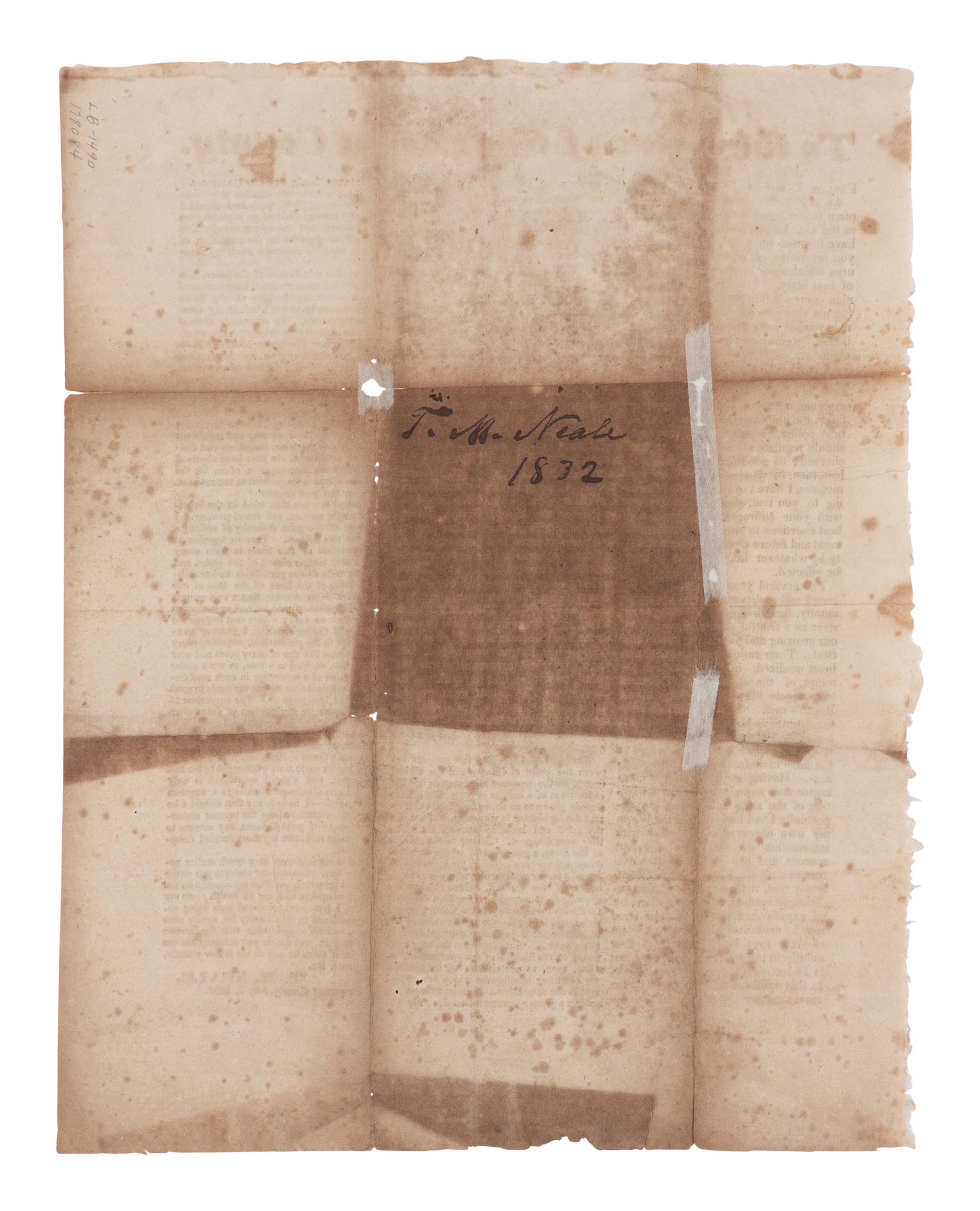 [LINCOLN, Abraham (1809-1865)]. NEALE, Thomas M. To the voters of Sangamon County . Sangamon Co., IL: N.p., July 7, 1832.