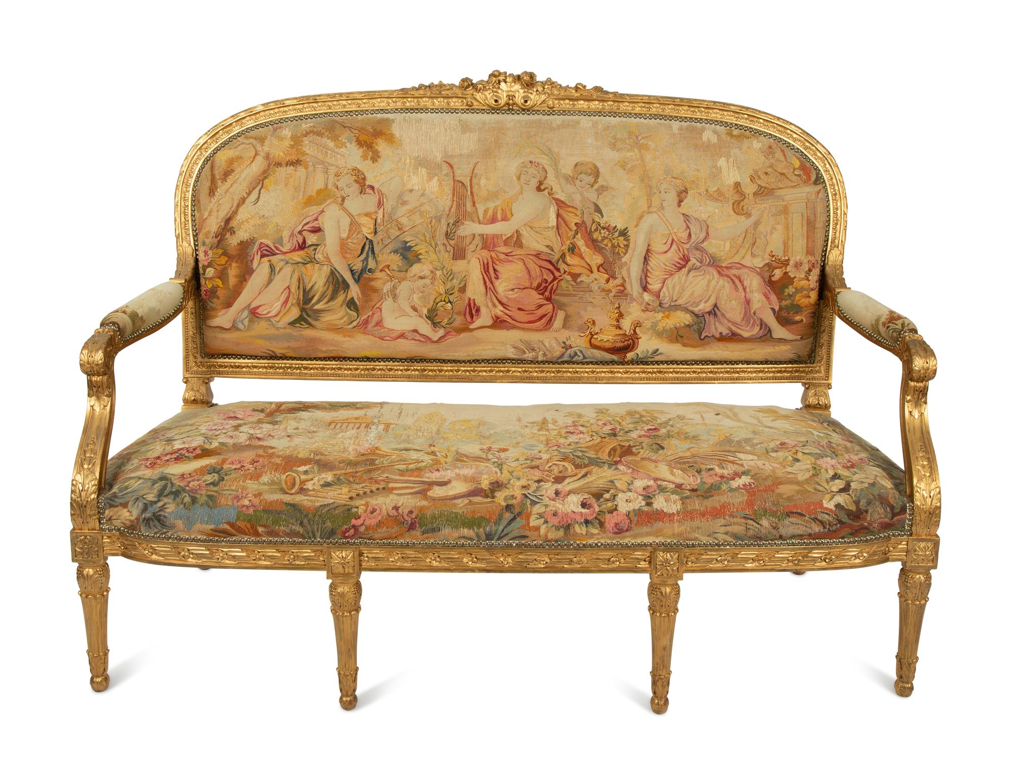 A Louis XVI Style Giltwood Settee with Tapestry Upholstery — 19TH CENTURY