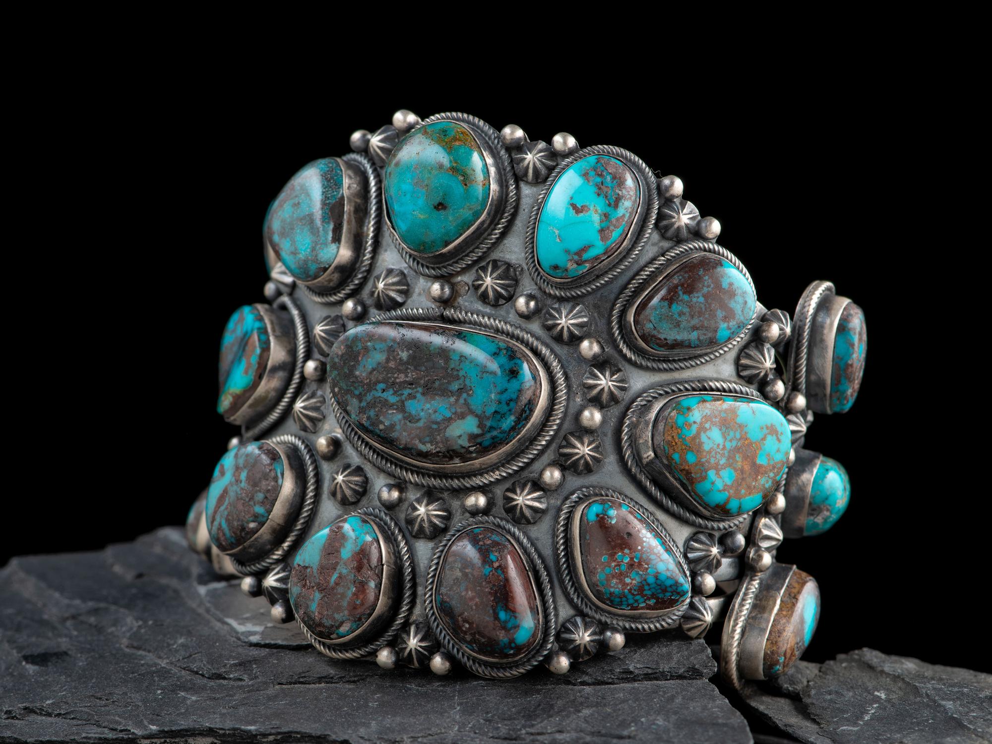Large Navajo Sterling Silver and Bisbee Turquoise Cluster Statement Cuff Bracelet