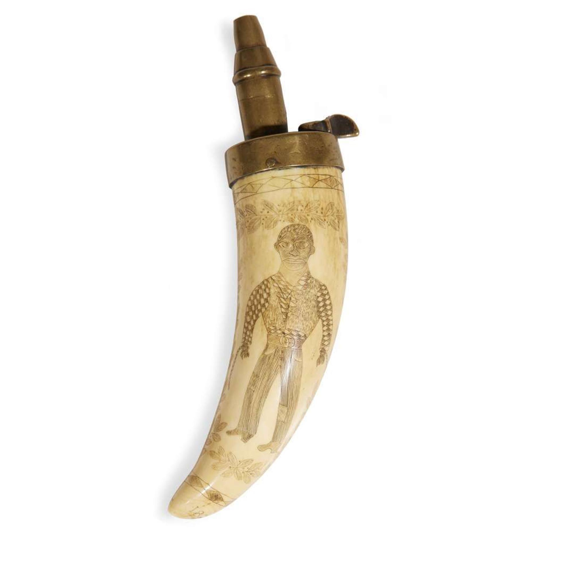 Scrimshaw-decorated and polychromed whale tooth initialed "A R," and dated "1866"