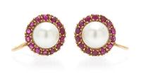 A Pair of 14 Karat Yellow Gold, Cultured Pearl and Ruby Earclips, 4.40 dwts.