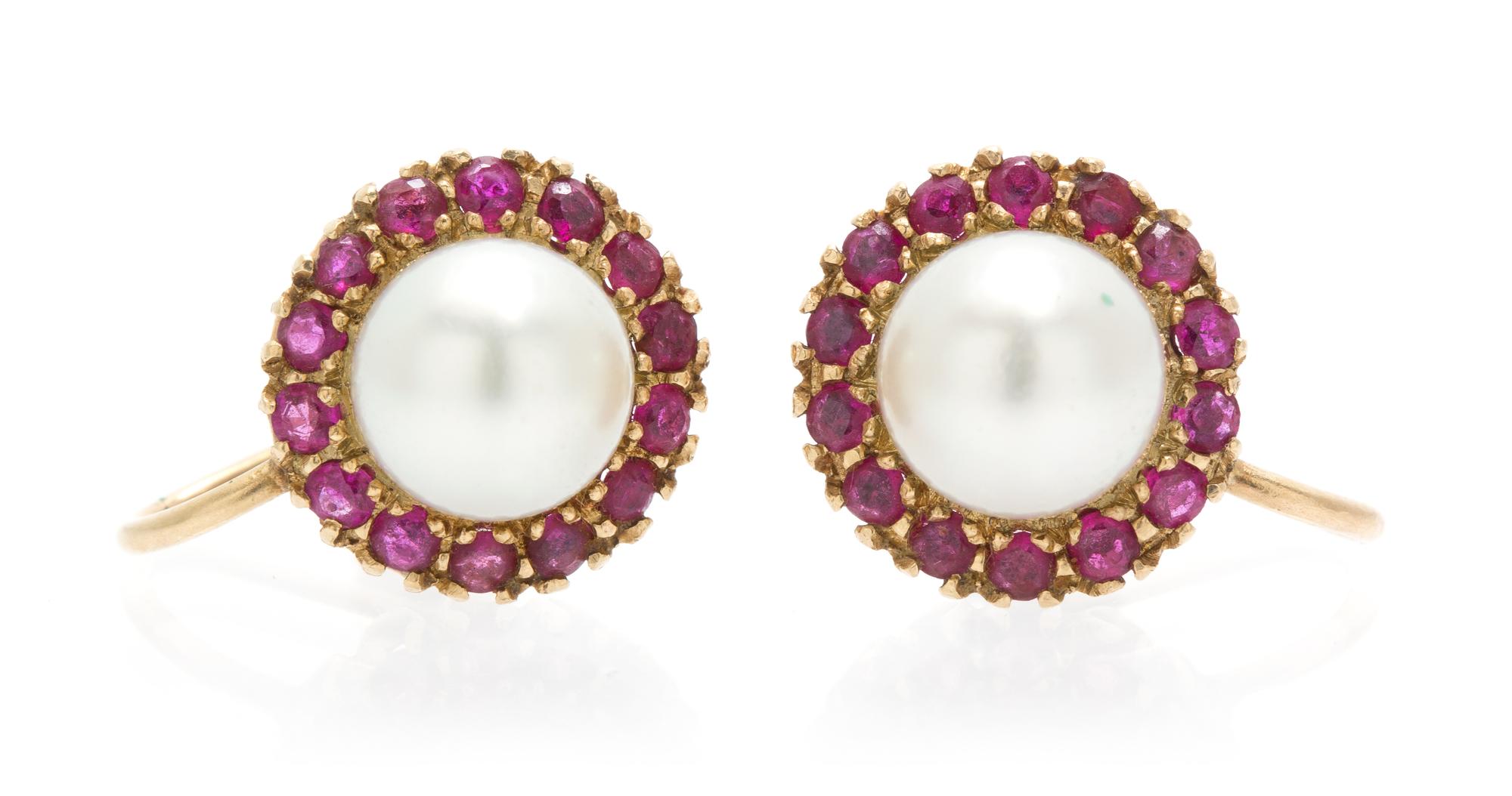A Pair of 14 Karat Yellow Gold, Cultured Pearl and Ruby Earclips, 4.40 dwts.