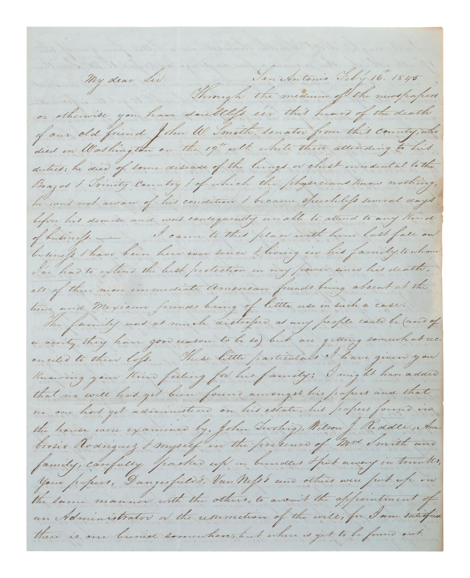 [TEXAS]. UPSHAW, Horace L. Autograph letter signed twice ("H. L. Upshaw," "H. Upshaw"), to George W. Blow Jr. San Antonio, 16 February 1845.