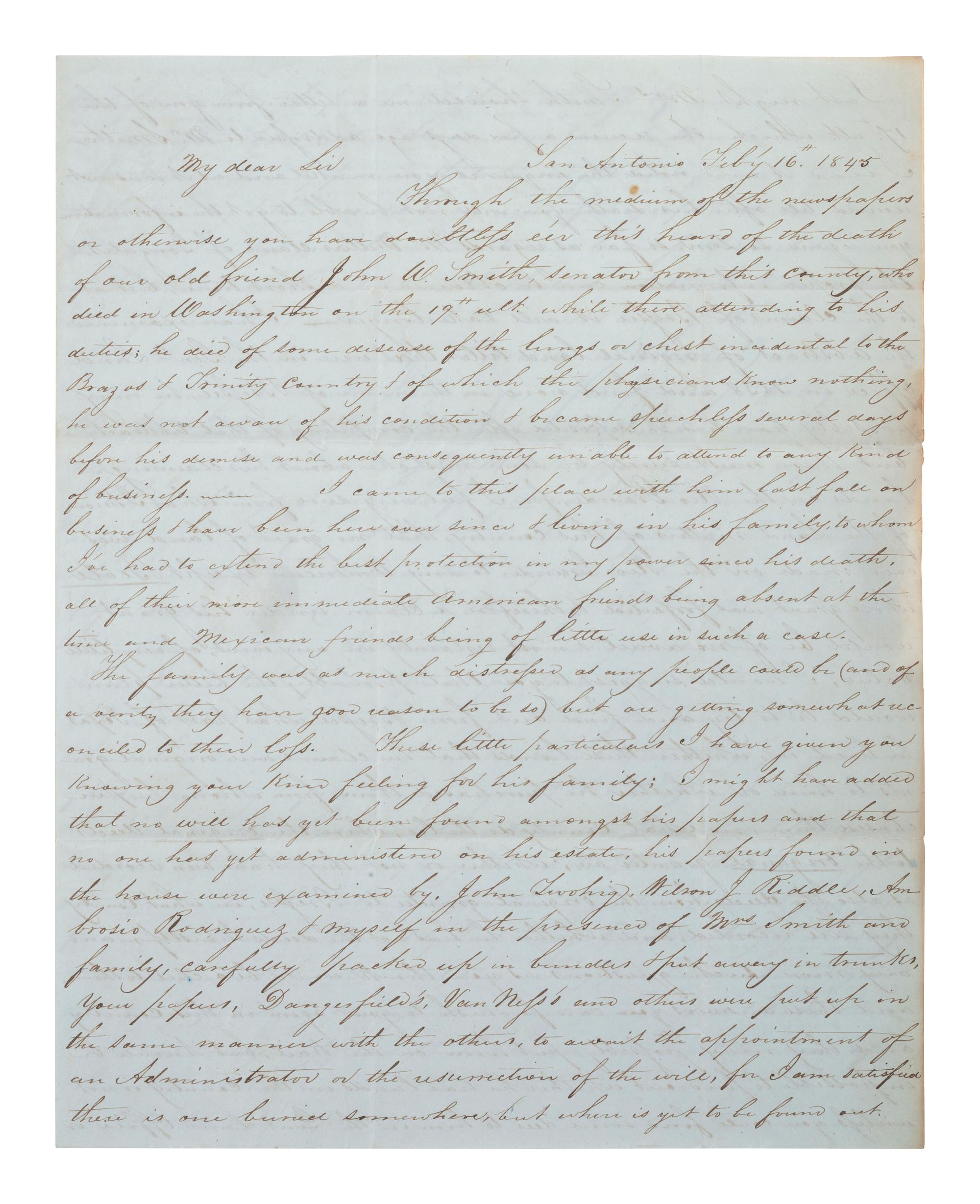 [TEXAS]. UPSHAW, Horace L. Autograph letter signed twice ("H. L. Upshaw," "H. Upshaw"), to George W. Blow Jr. San Antonio, 16 February 1845.