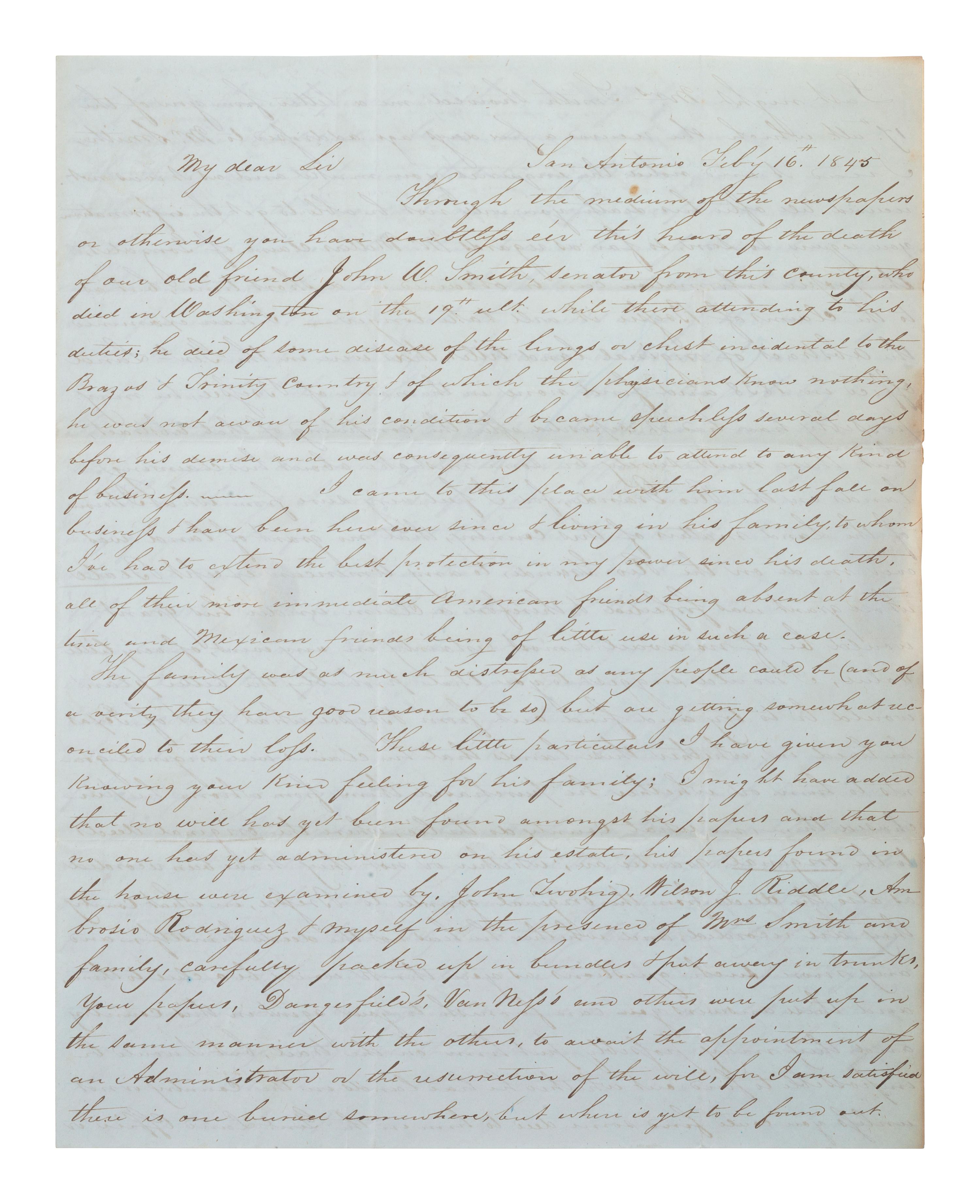 [TEXAS]. UPSHAW, Horace L. Autograph letter signed twice ("H. L. Upshaw," "H. Upshaw"), to George W. Blow Jr. San Antonio, 16 February 1845.