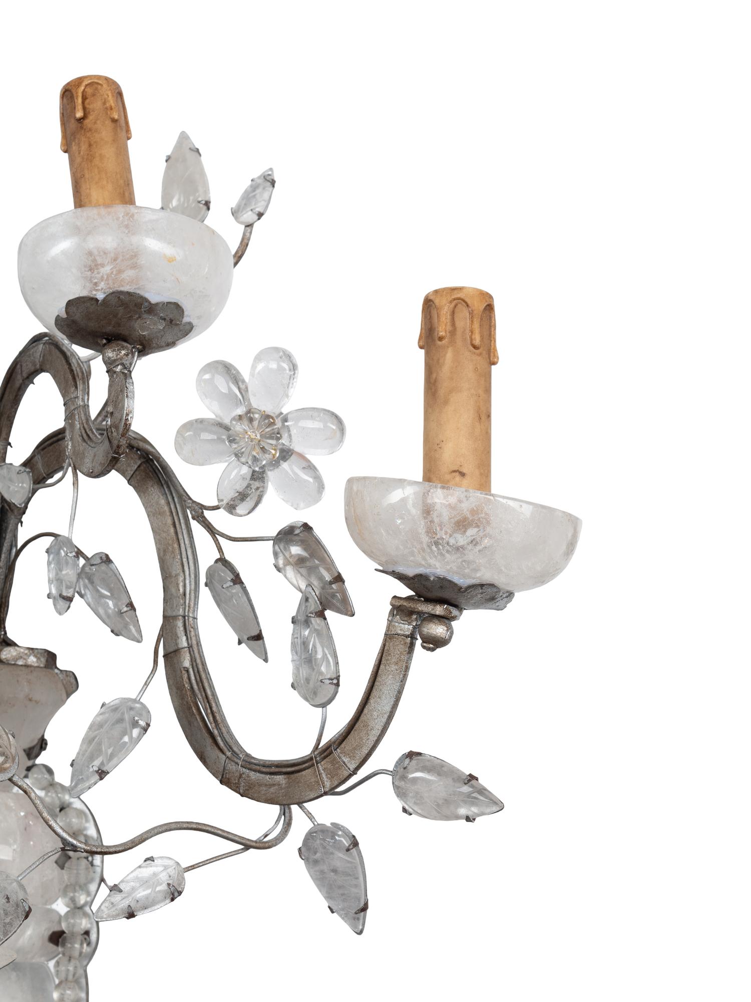 A Set of Four Maison Baguès-Style Rock Crystal and Silvered Metal Five-Arm Sconces