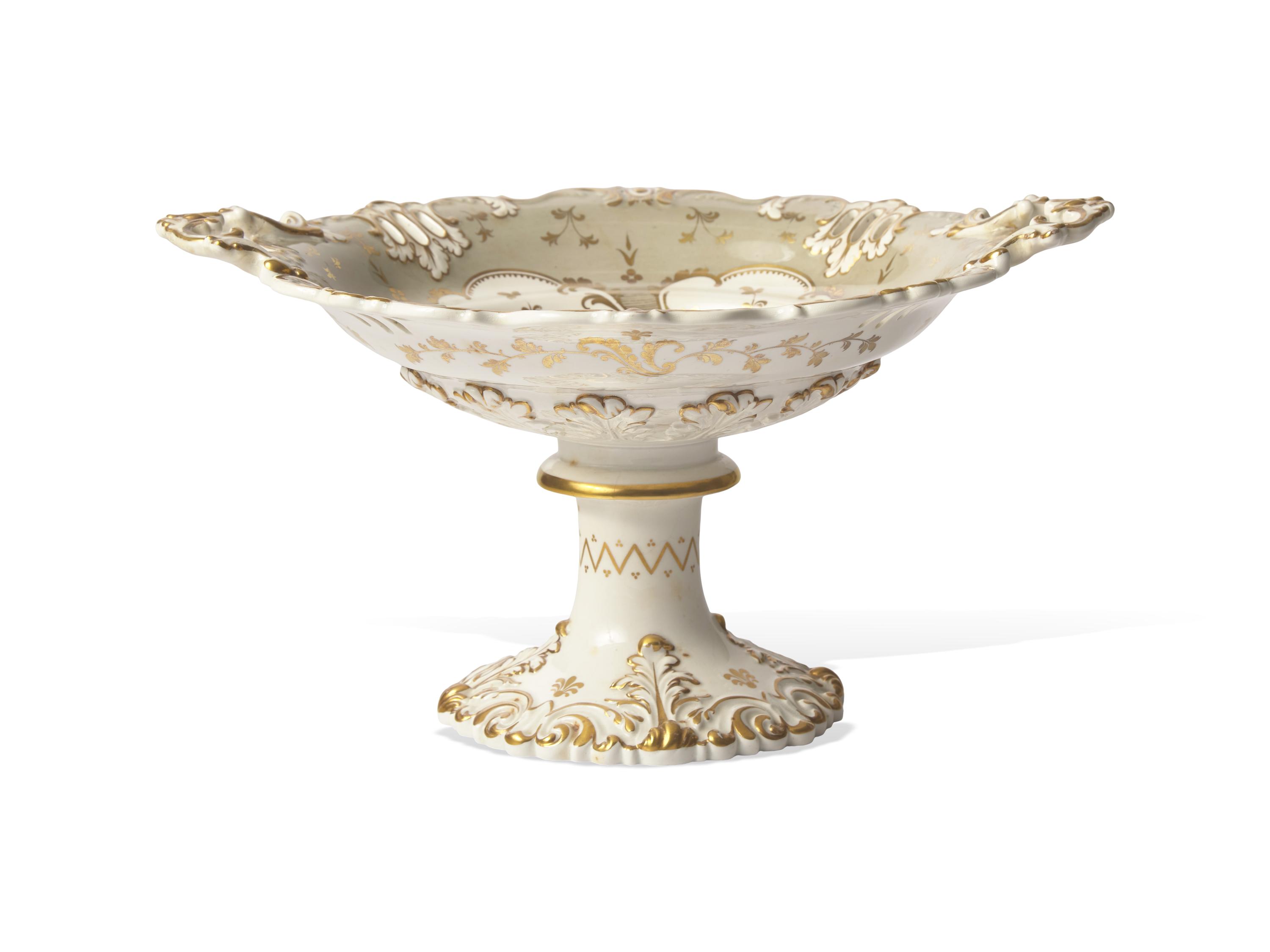 An English Porcelain Polychrome-Painted and Parcel-Gilt Compote