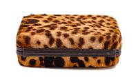 A Christian Louboutin Leopard Print Pony Hair Clutch, 4" H x 5.5" W x 1.5" D.
