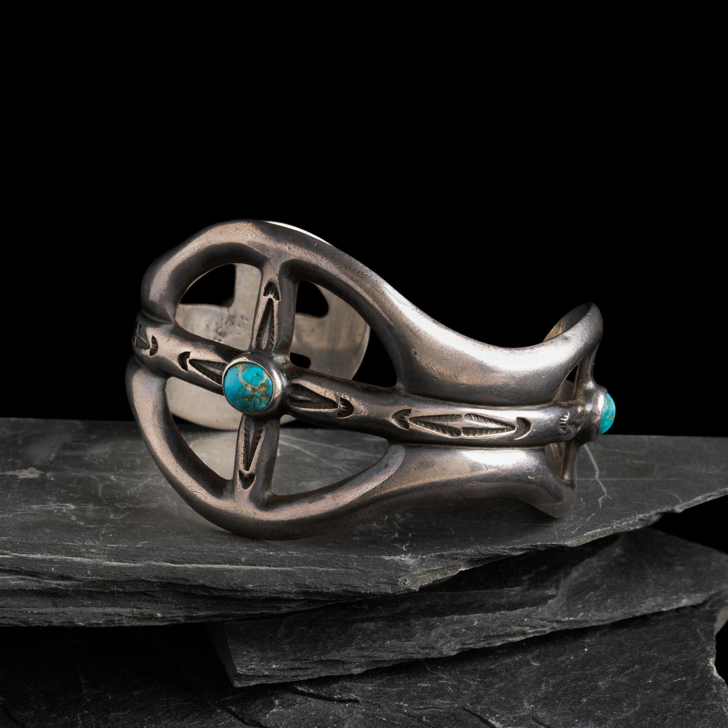 Navajo Sand Cast Silver and Turquoise Cuff Bracelet, US NAVAJO 40