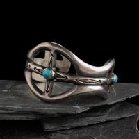 Navajo Sand Cast Silver and Turquoise Cuff Bracelet, US NAVAJO 40
