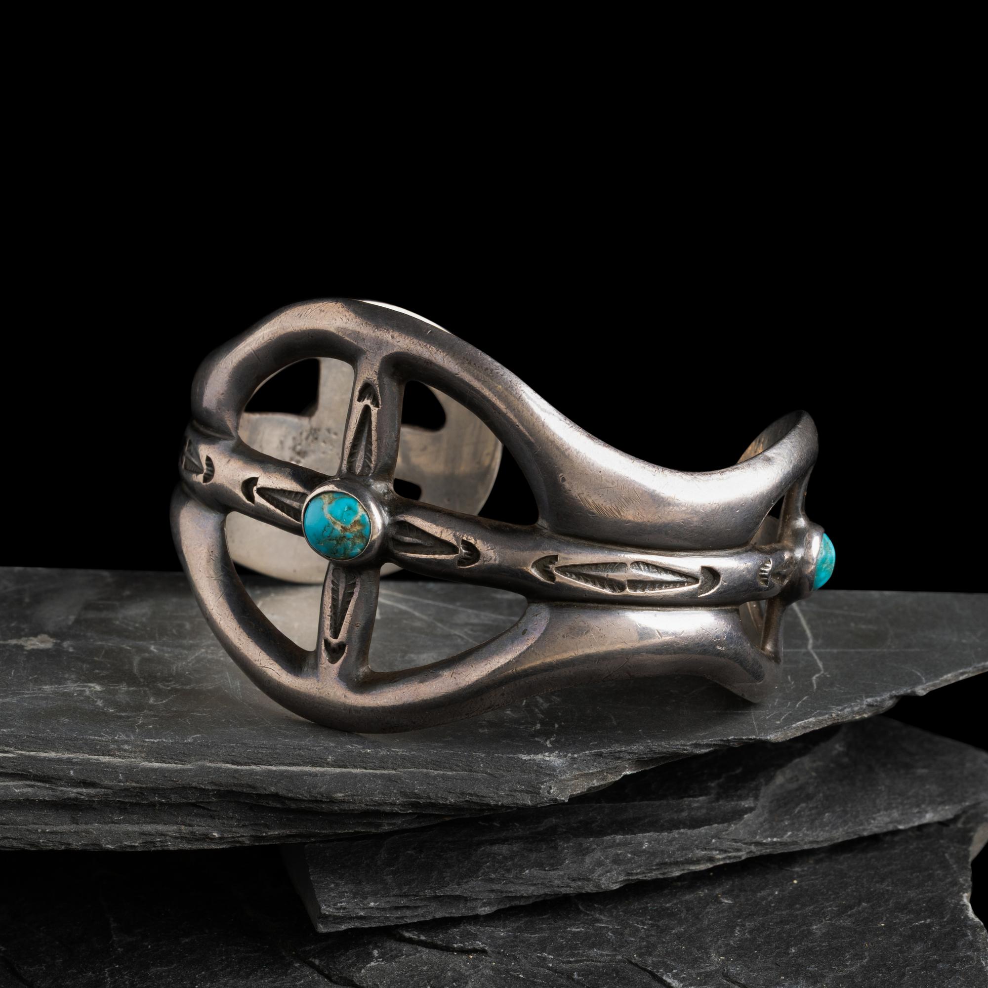 Navajo Sand Cast Silver and Turquoise Cuff Bracelet, US NAVAJO 40