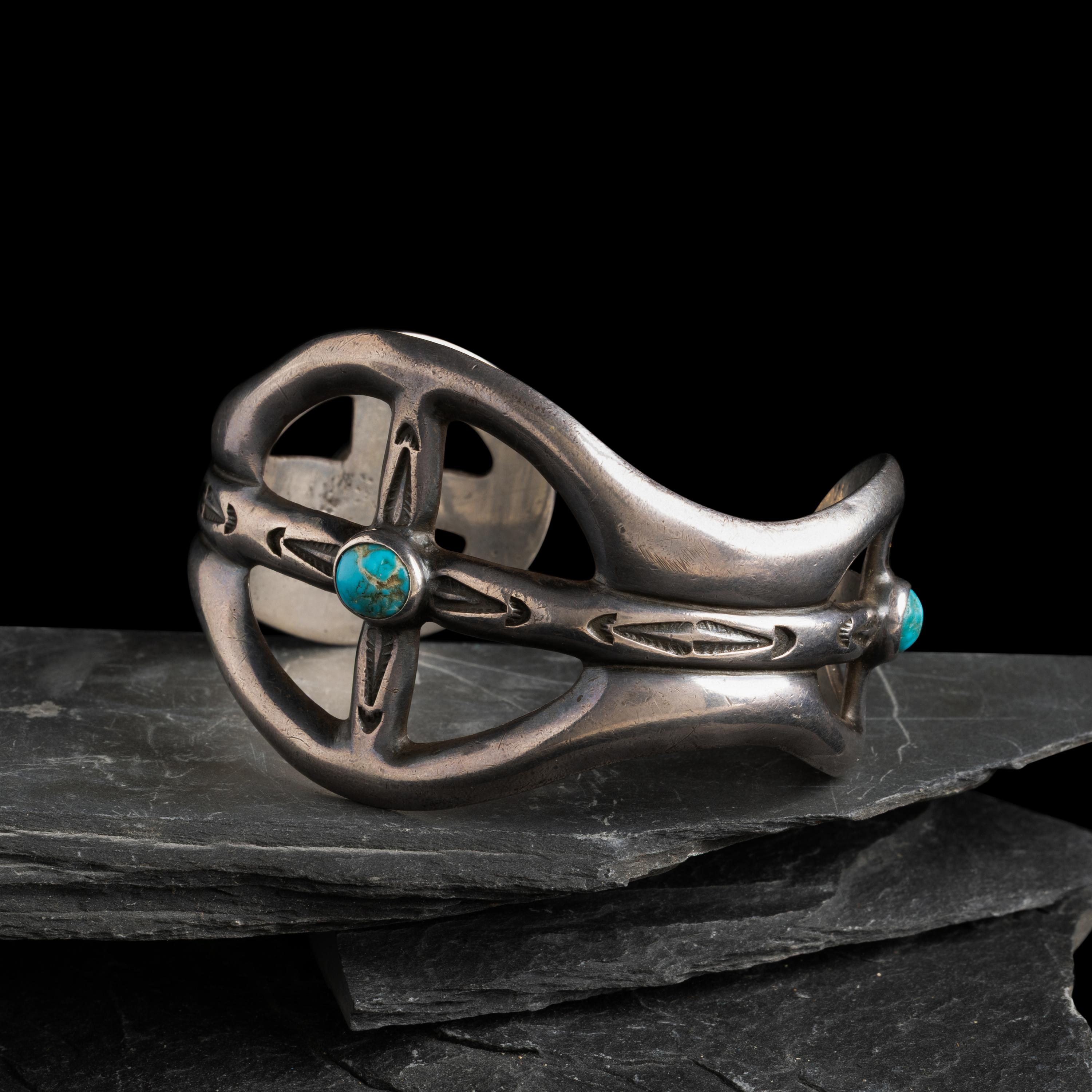 Navajo Sand Cast Silver and Turquoise Cuff Bracelet, US NAVAJO 40