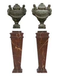 A Pair of Verdigris Patinated Terracotta Urns on Faux Marble Painted Pedestals