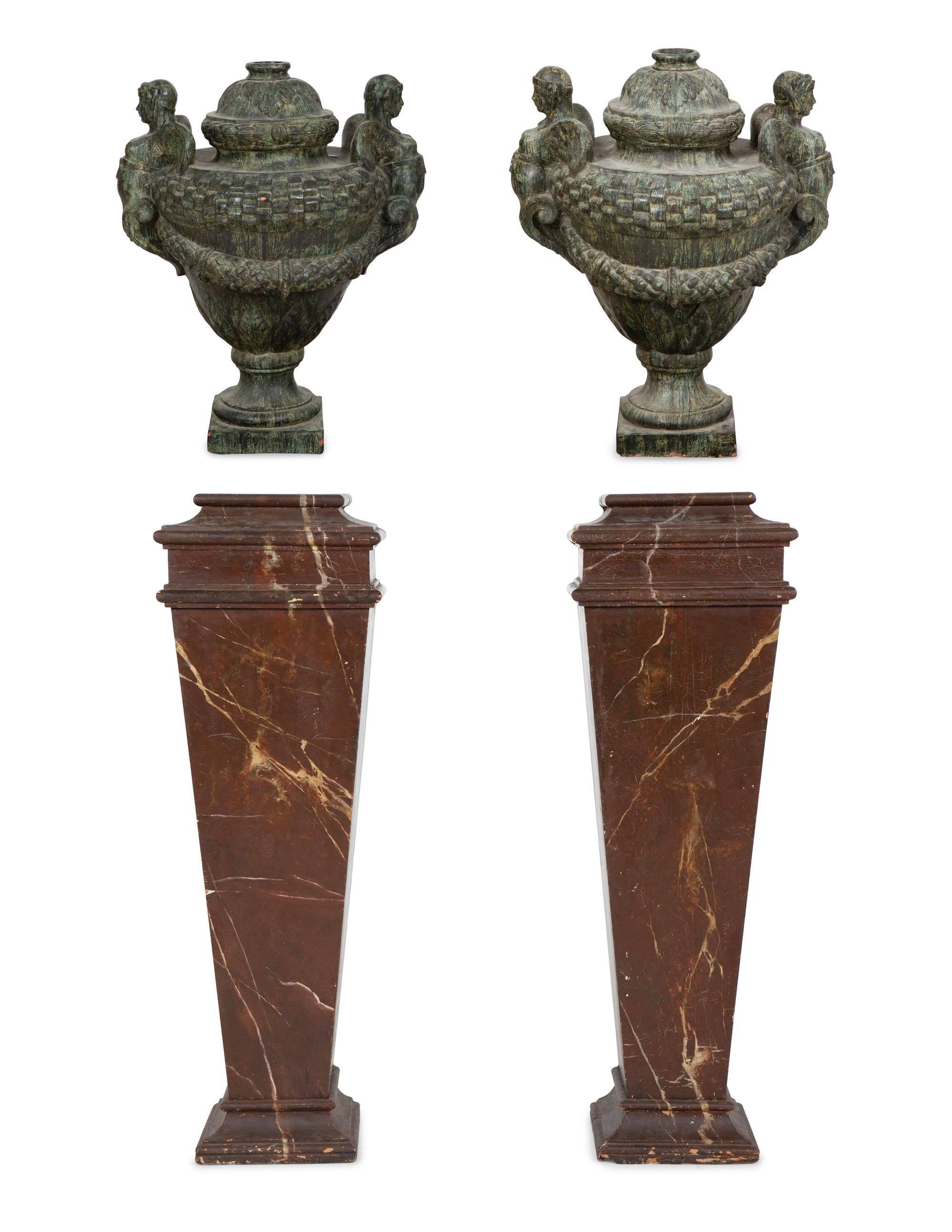 A Pair of Verdigris Patinated Terracotta Urns on Faux Marble Painted Pedestals