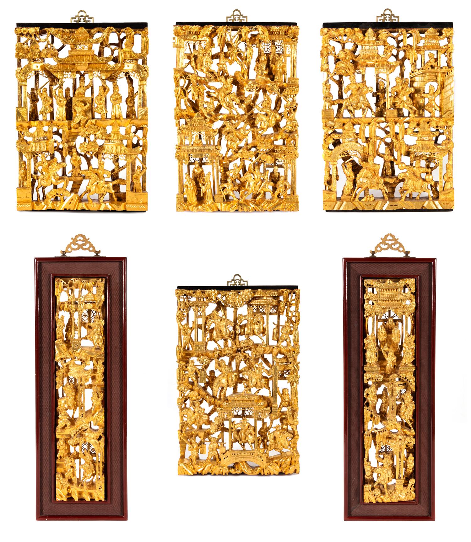 Six Chinese Gilt Wood Panels