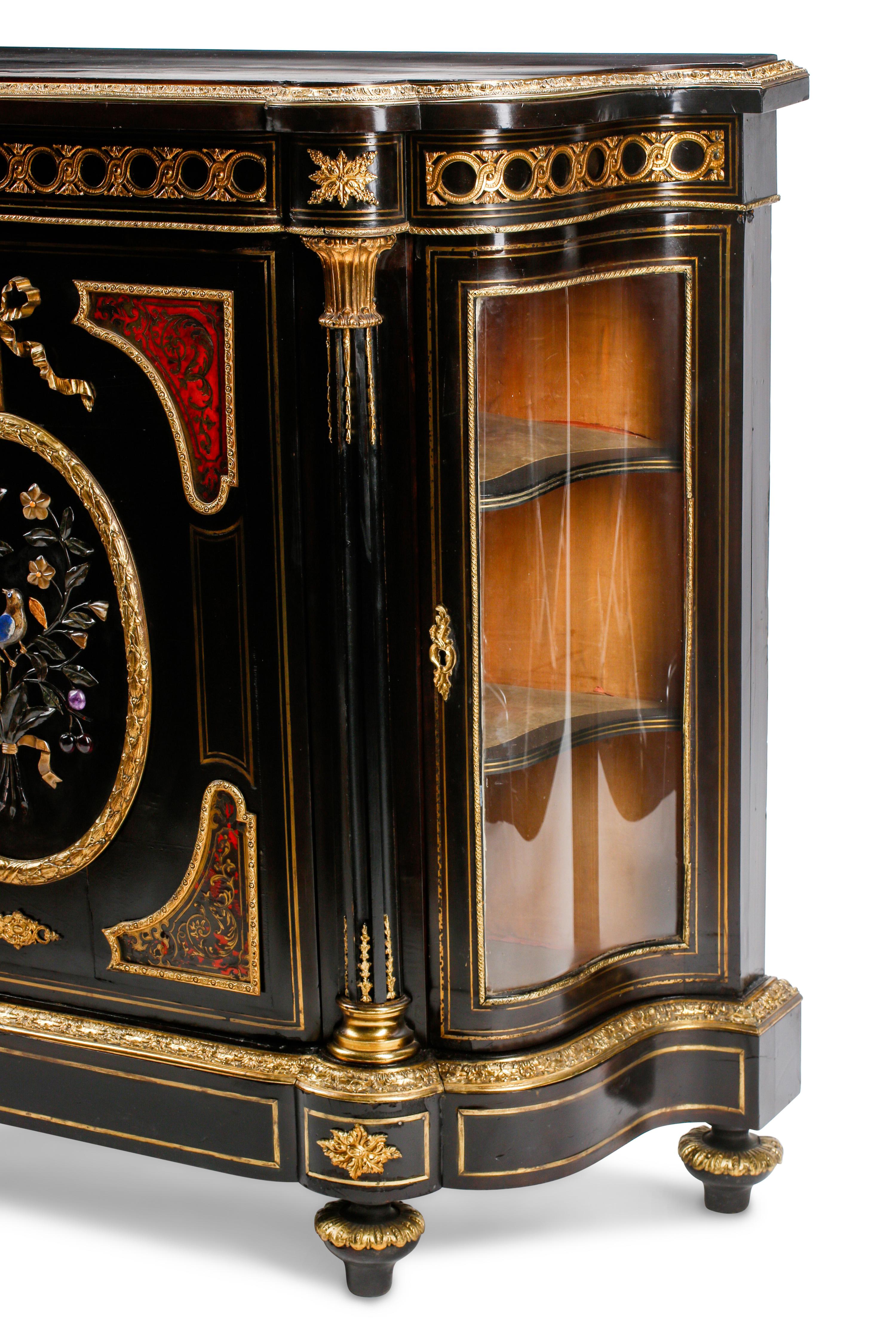 A French Ebonized, Cut Brass Inlaid and Hardstone-Inset Cabinet