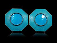 A Pair of Blue Ground Cloisonné Hexagonal Plates