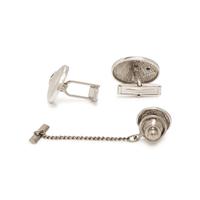 White Gold and Sapphire Cufflinks and Tie Pin Set