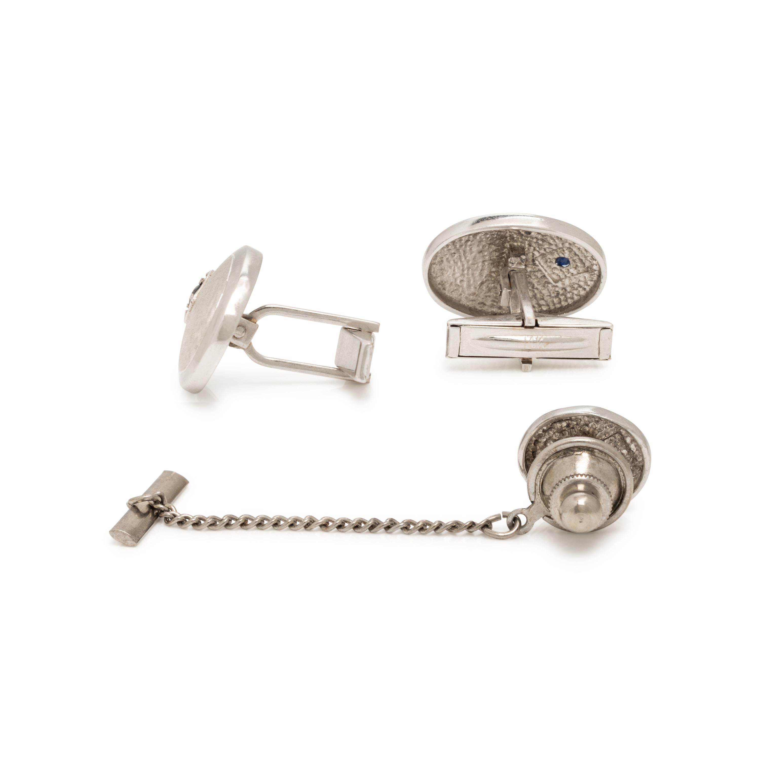 White Gold and Sapphire Cufflinks and Tie Pin Set