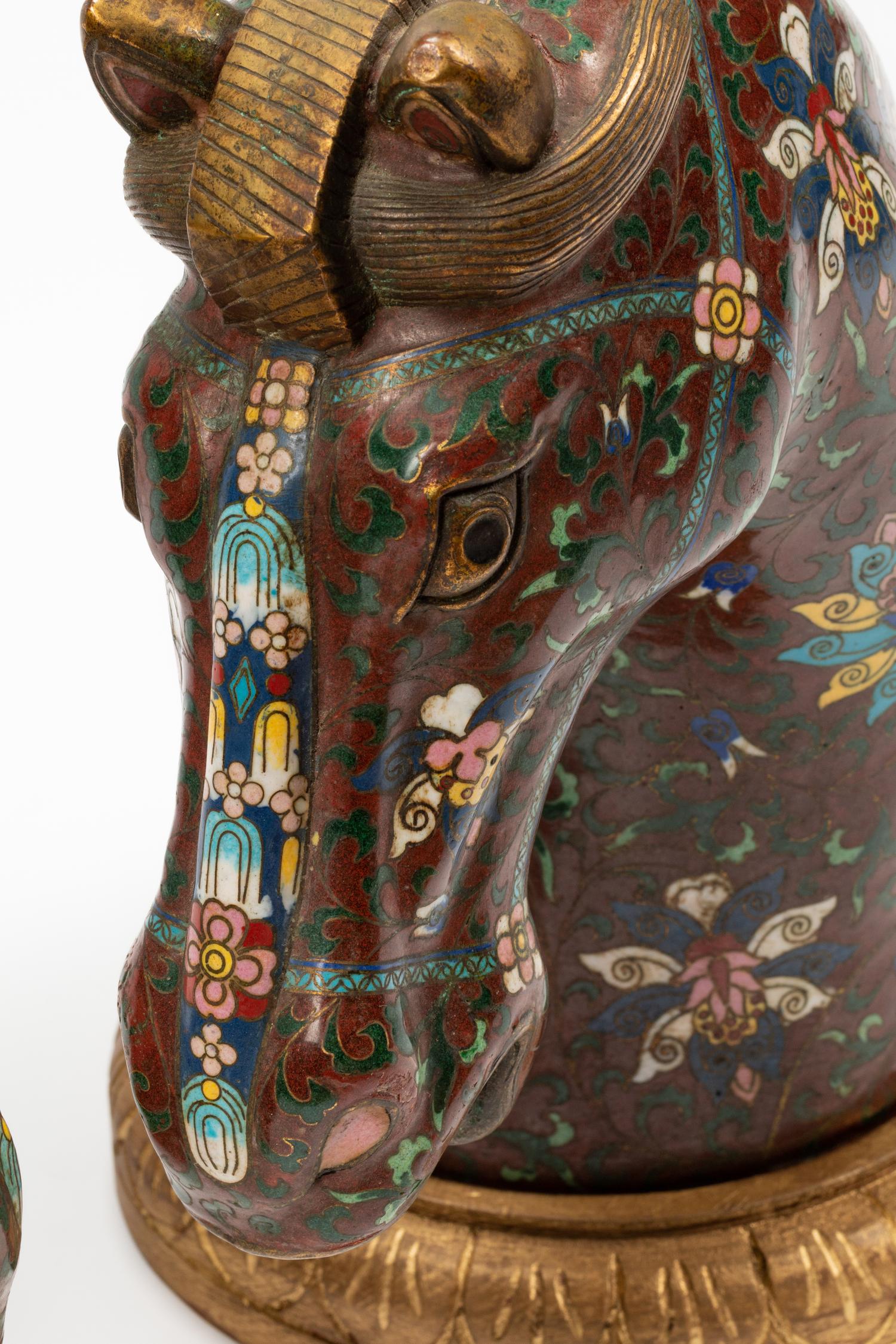 A Pair of Chinese Export Cloisonné Horse Heads on Wood Bases