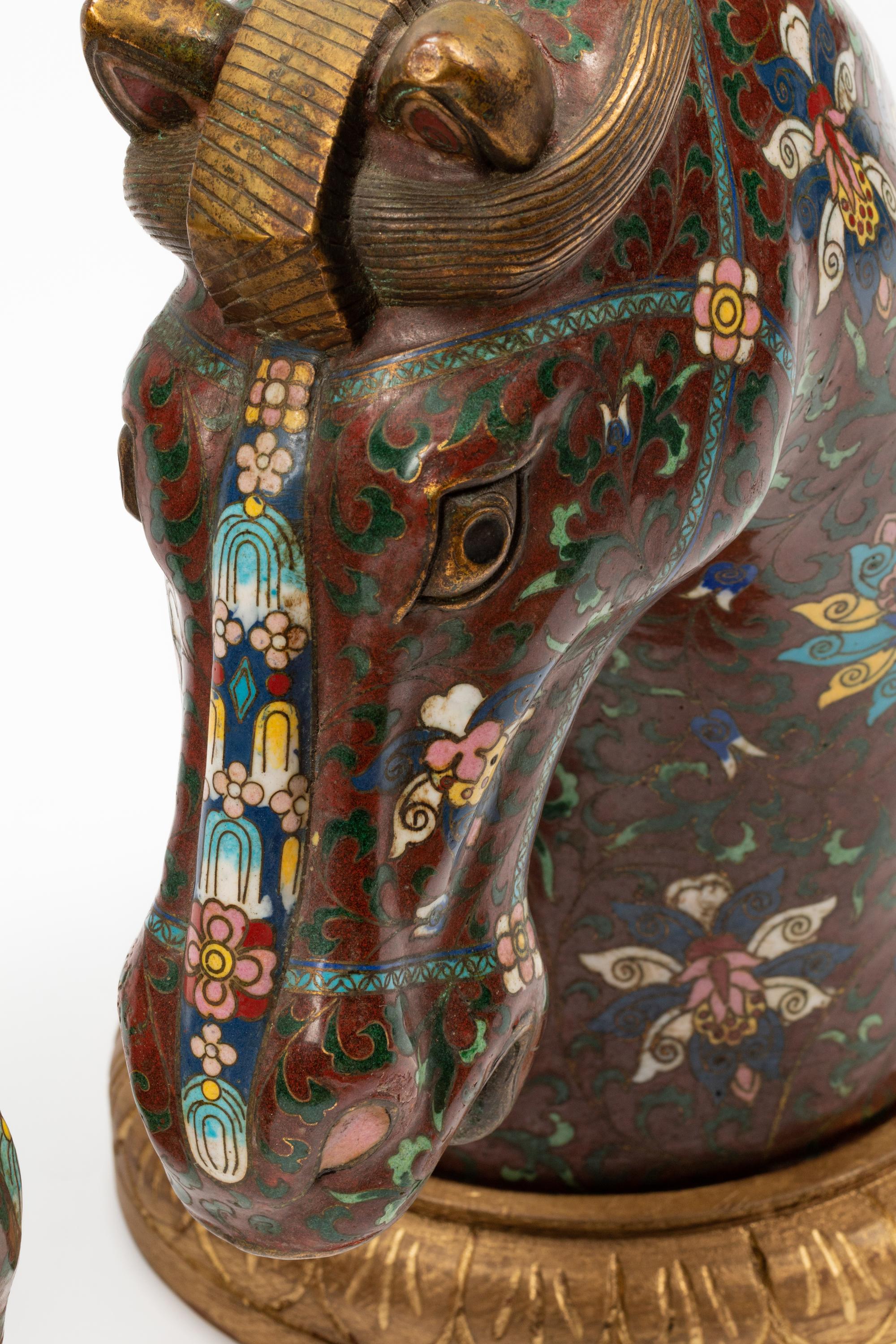 A Pair of Chinese Export Cloisonné Horse Heads on Wood Bases