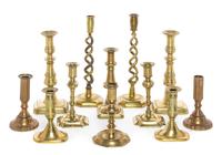 A Collection of Victorian Brass Candlesticks Height of tallest 11 3/4 inches. — 19TH CENTURY