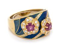 An 18 Karat Yellow Gold, Tourmaline, Diamond and Polychrome Enamel Ring, 9.90 dwts.