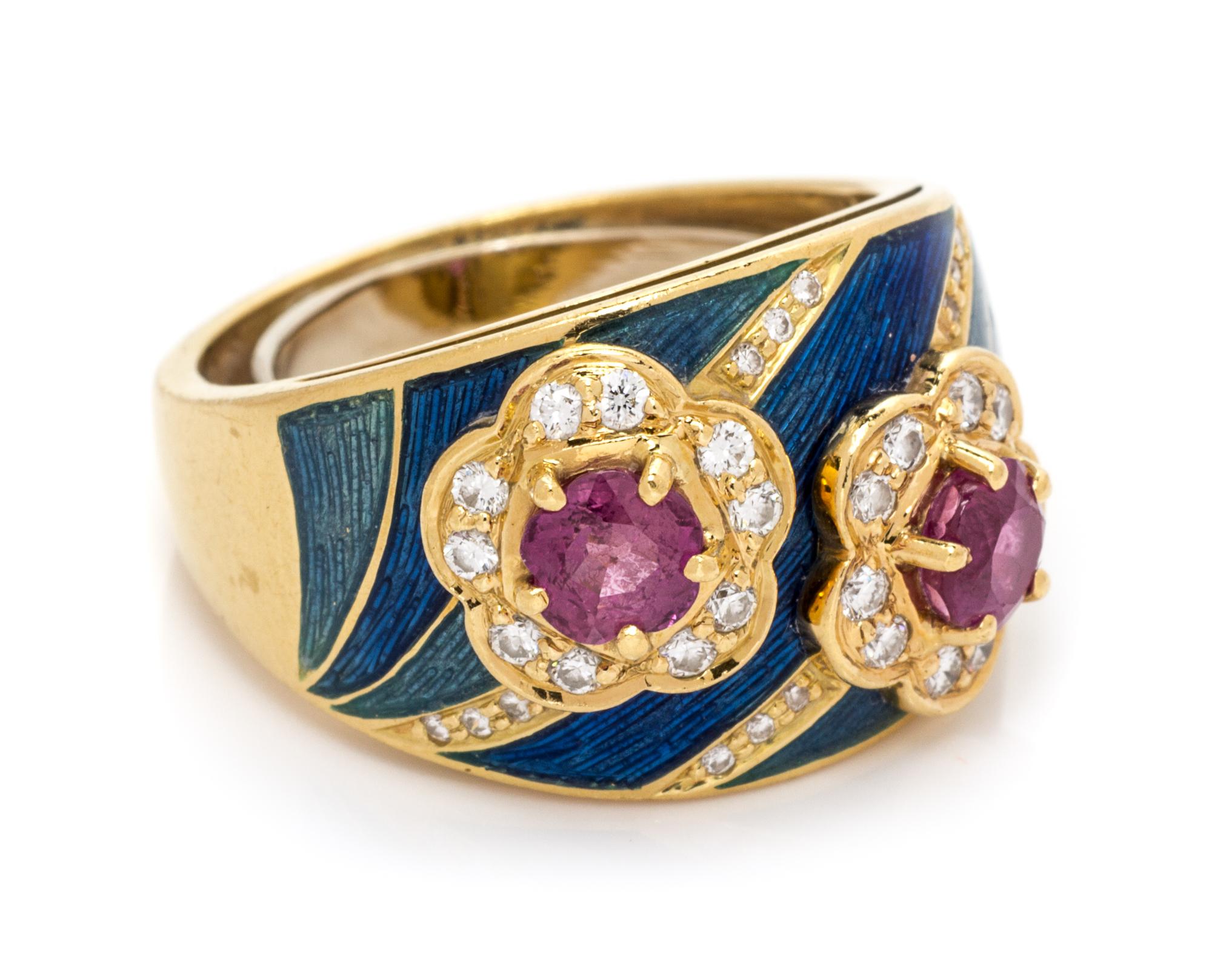 An 18 Karat Yellow Gold, Tourmaline, Diamond and Polychrome Enamel Ring, 9.90 dwts.