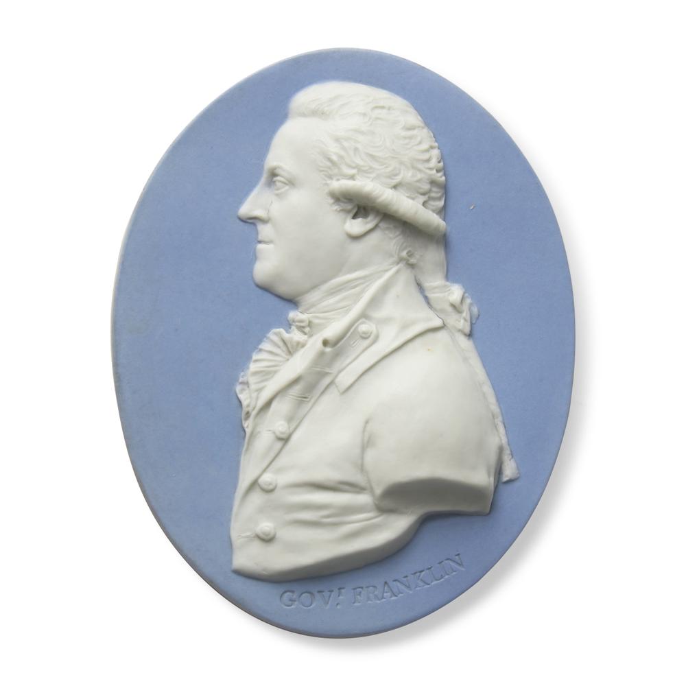 A Wedgwood Blue Jasperware Profile Portrait Medallion of Governor William Franklin