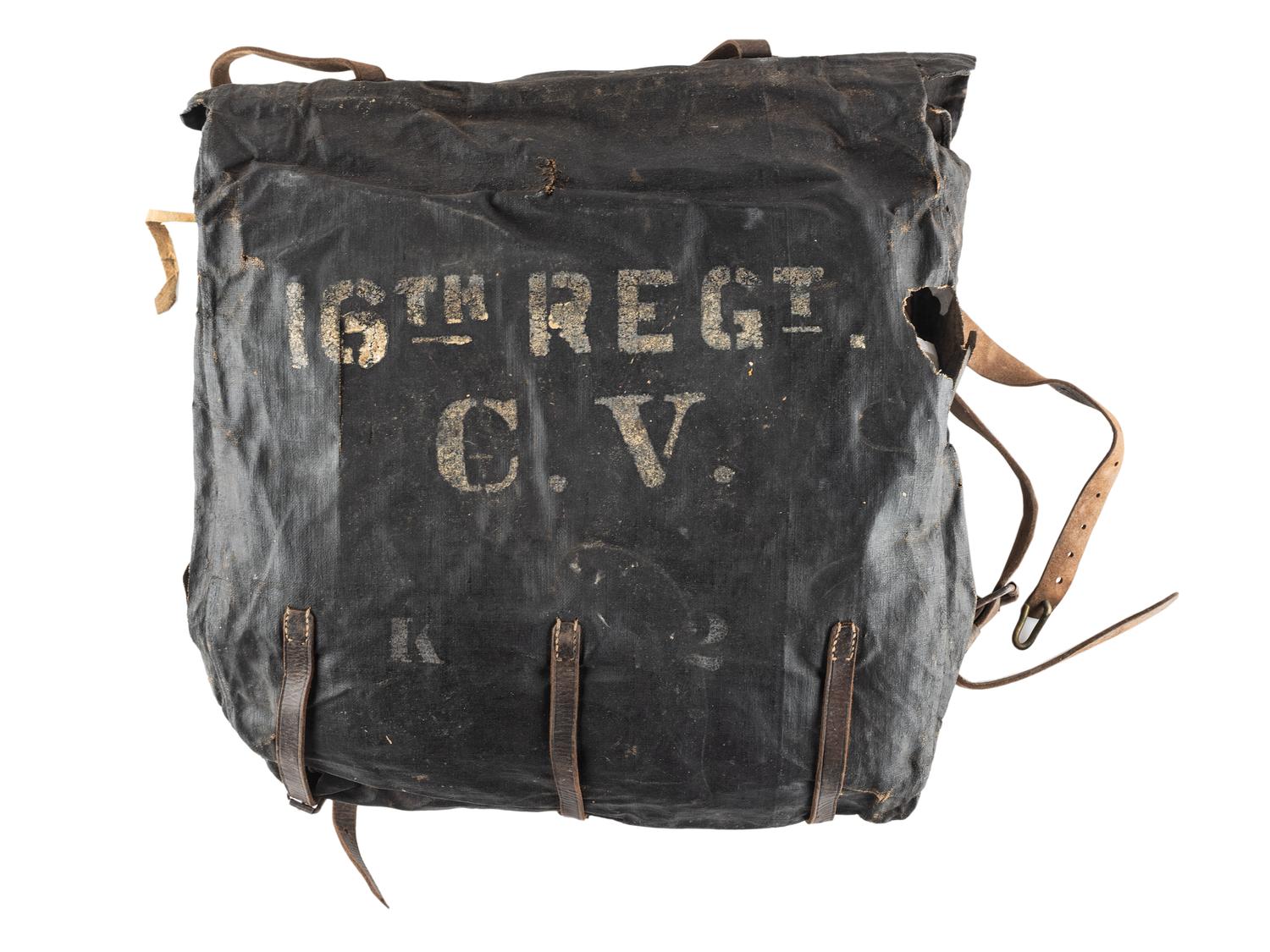 [CIVIL WAR]. Knapsack with contents carried by Private Charles L. Taylor, Company K, 16th Connecticut Volunteer Infantry.