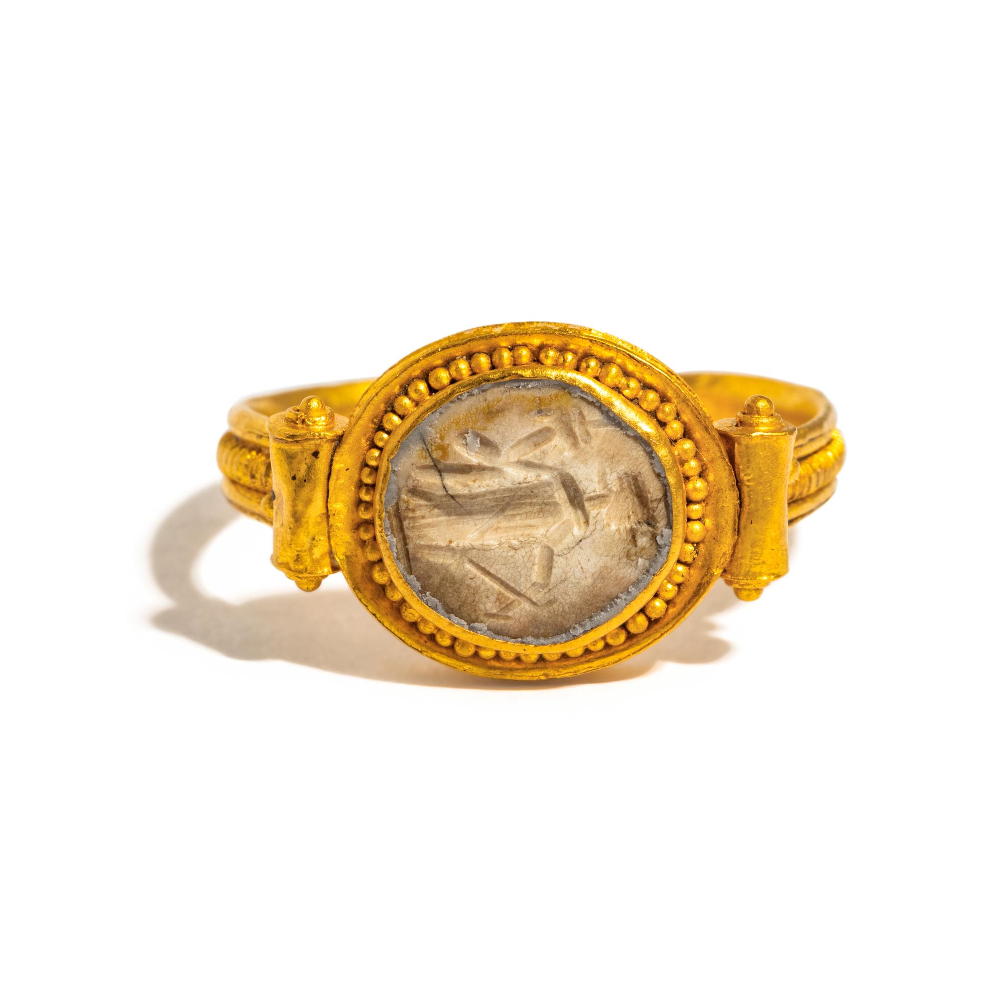 A Late Roman Gold and Stone Finger Ring with the Goddess Fortuna