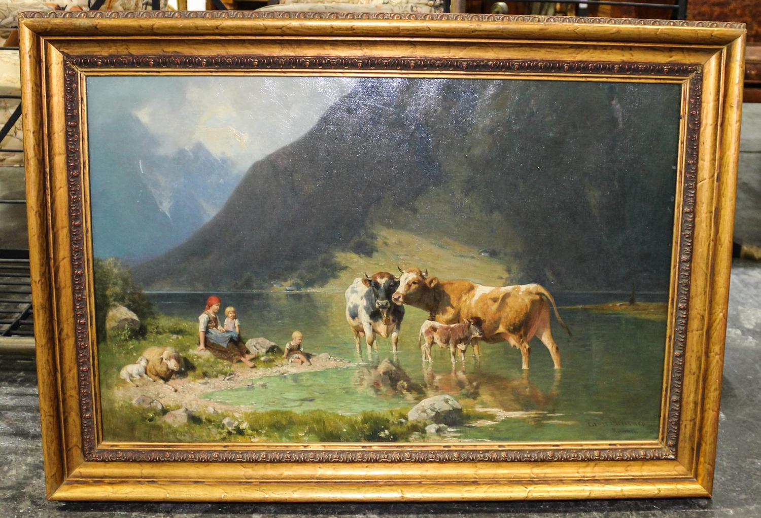 Ernst Meilsner, (British, 20th century), A Mother and Child with Cows and Sheep