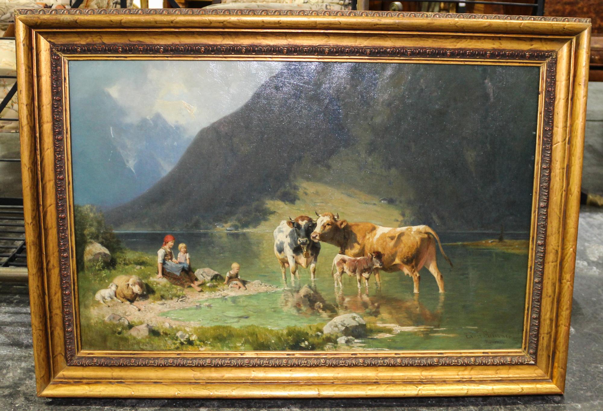 Ernst Meilsner, (British, 20th century), A Mother and Child with Cows and Sheep