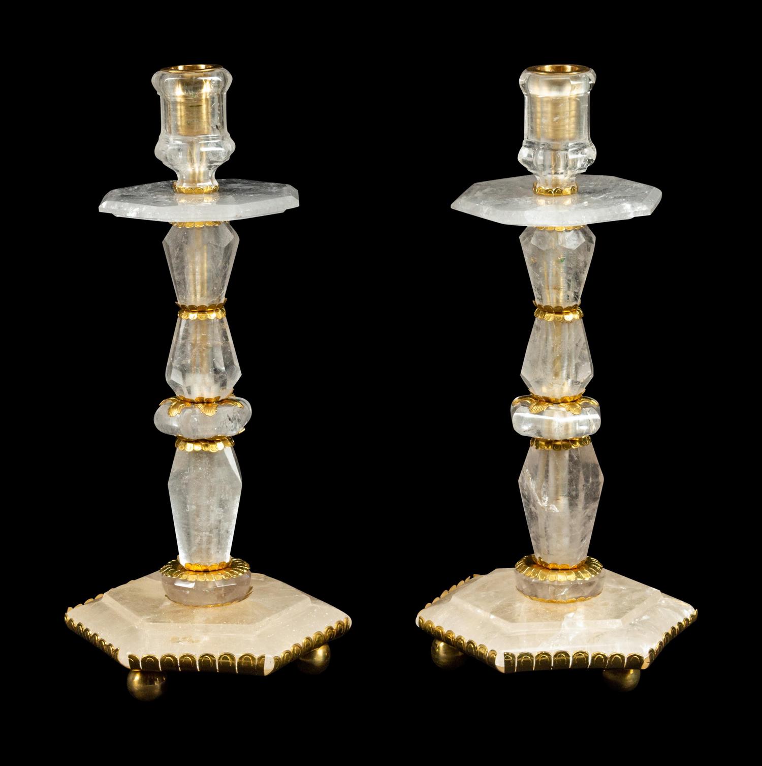 A Pair of Gilt Metal Mounted Rock Crystal Candlesticks