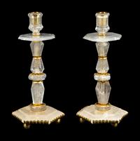 A Pair of Gilt Metal Mounted Rock Crystal Candlesticks