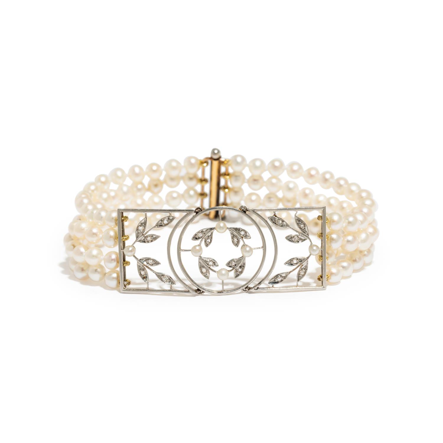 ANTIQUE, PLATINUM-TOPPED GOLD, CULTURED PEARL AND DIAMOND BRACELET