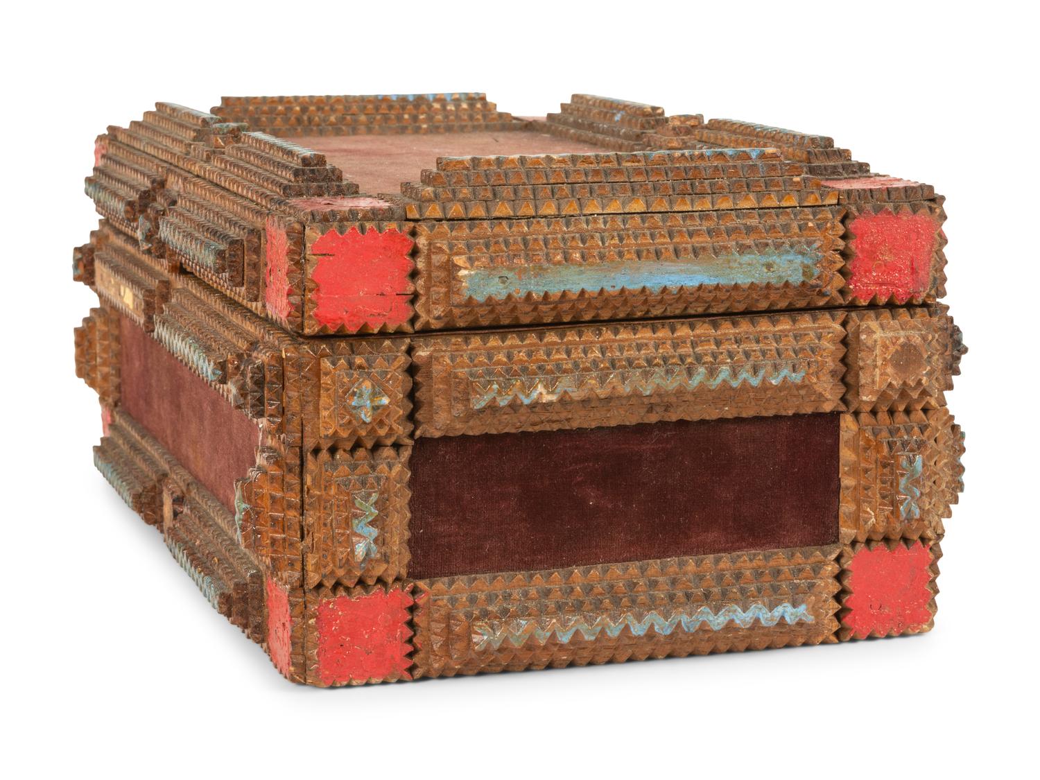 A Painted Wood and Velvet Tramp Art Box