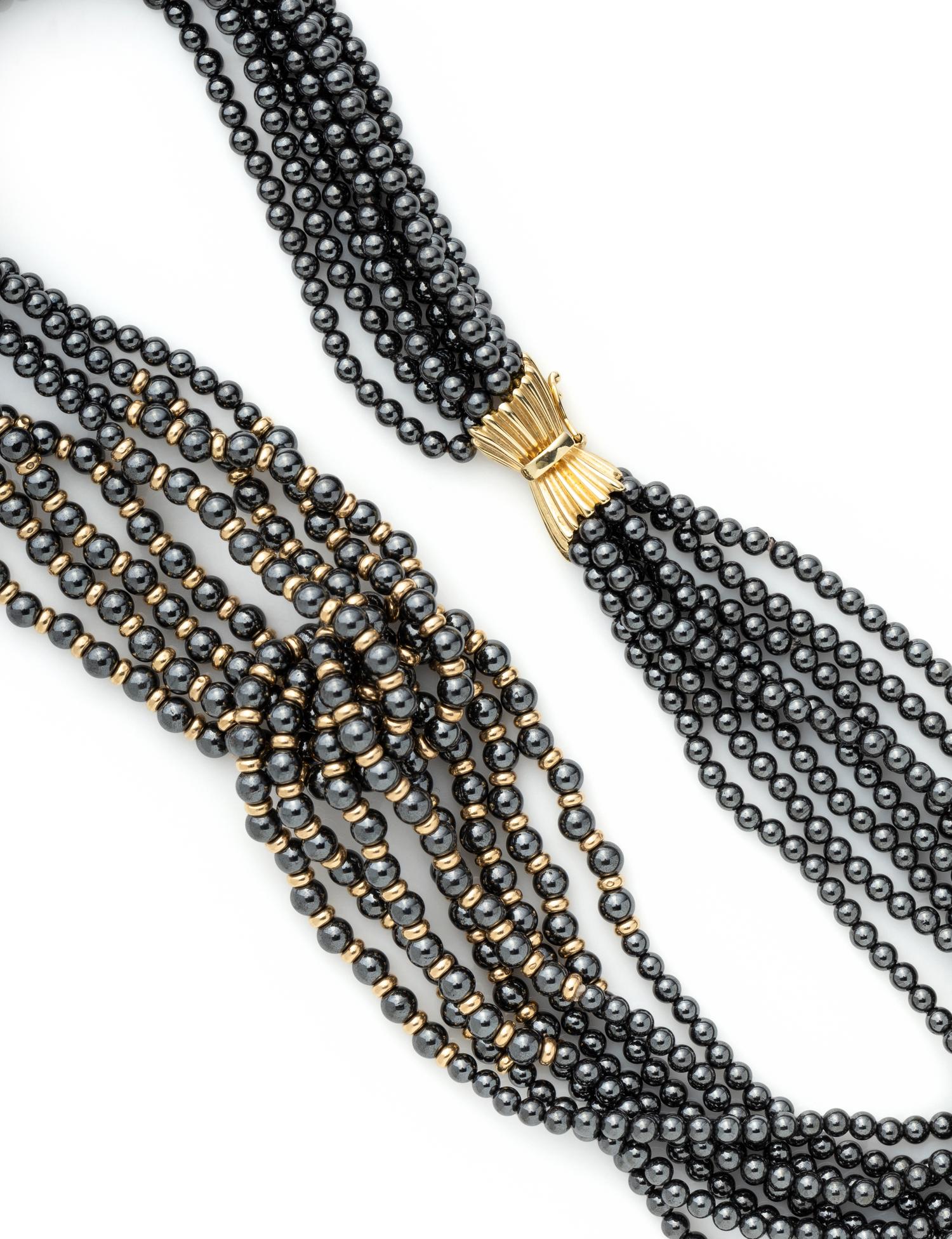 YELLOW GOLD AND HEMATITE BEAD NECKLACE