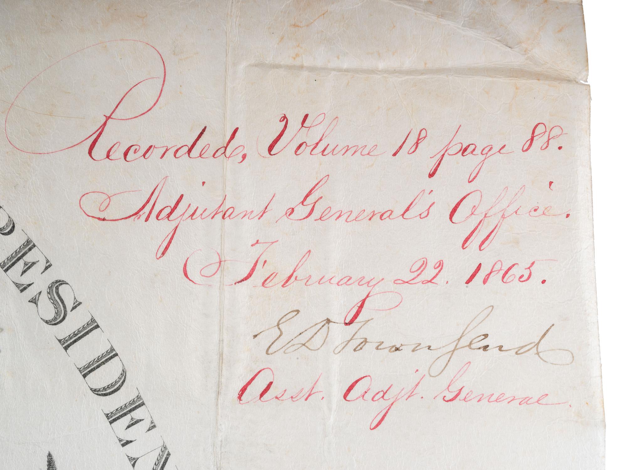 LINCOLN, Abraham (1809-1865). Partly-printed appointment signed ("Abraham Lincoln") as President of the United States. Washington, D.C. 22 February 1865.