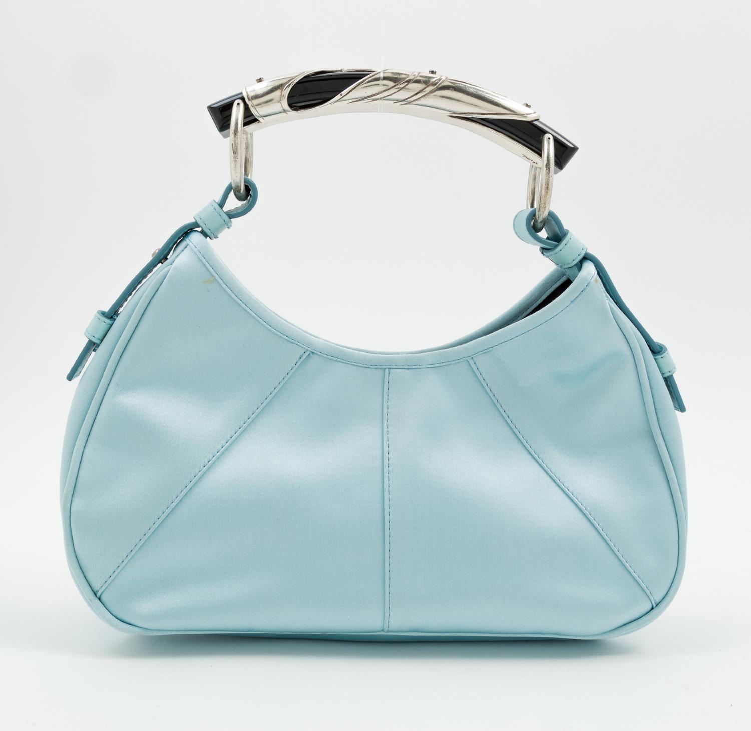 A Tom Ford for Yves Saint Laurent Blue Satin Mombasa Bag, 10" x 5" x 2.5"; Handle drop: 4".