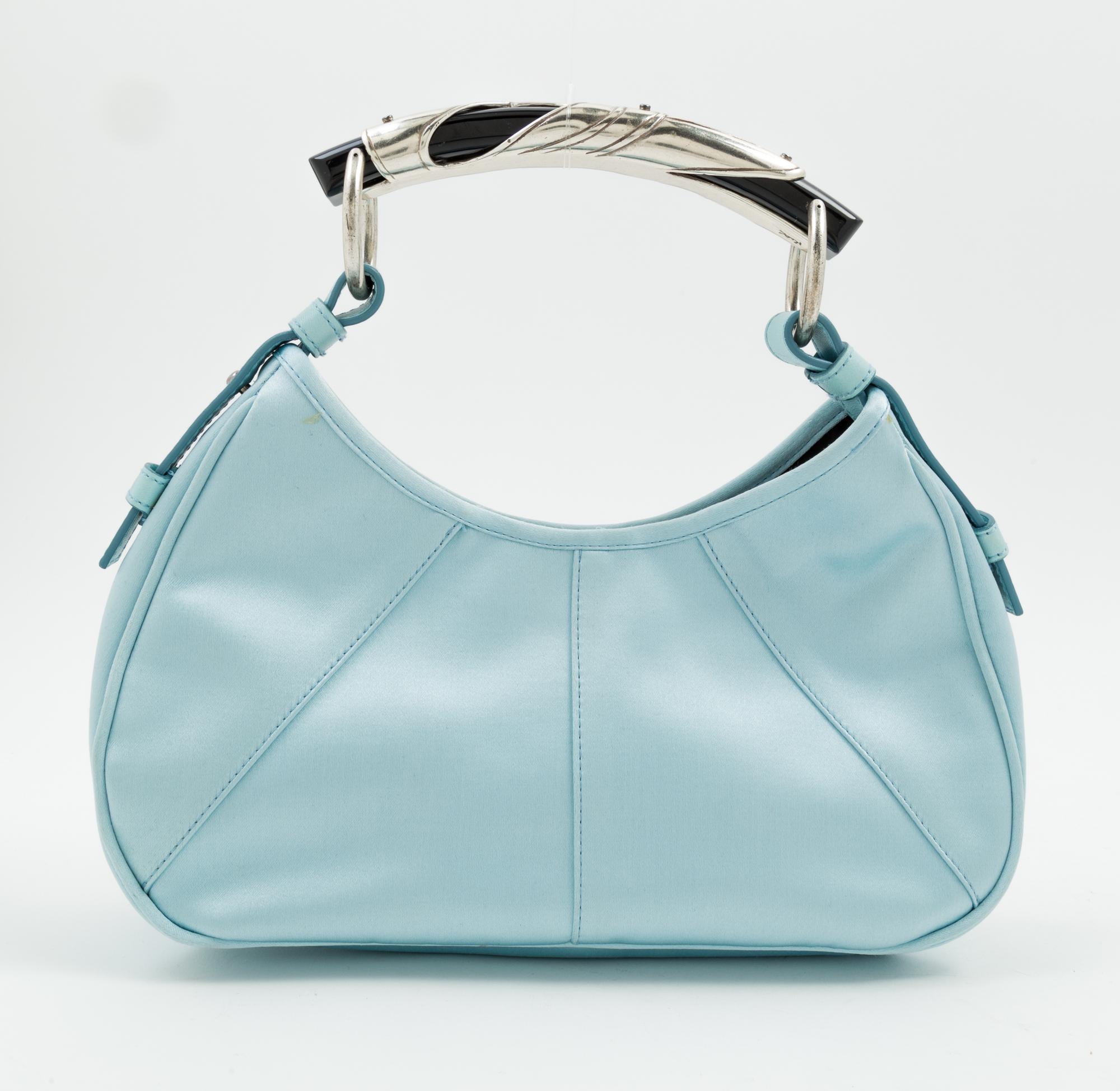 A Tom Ford for Yves Saint Laurent Blue Satin Mombasa Bag, 10" x 5" x 2.5"; Handle drop: 4".