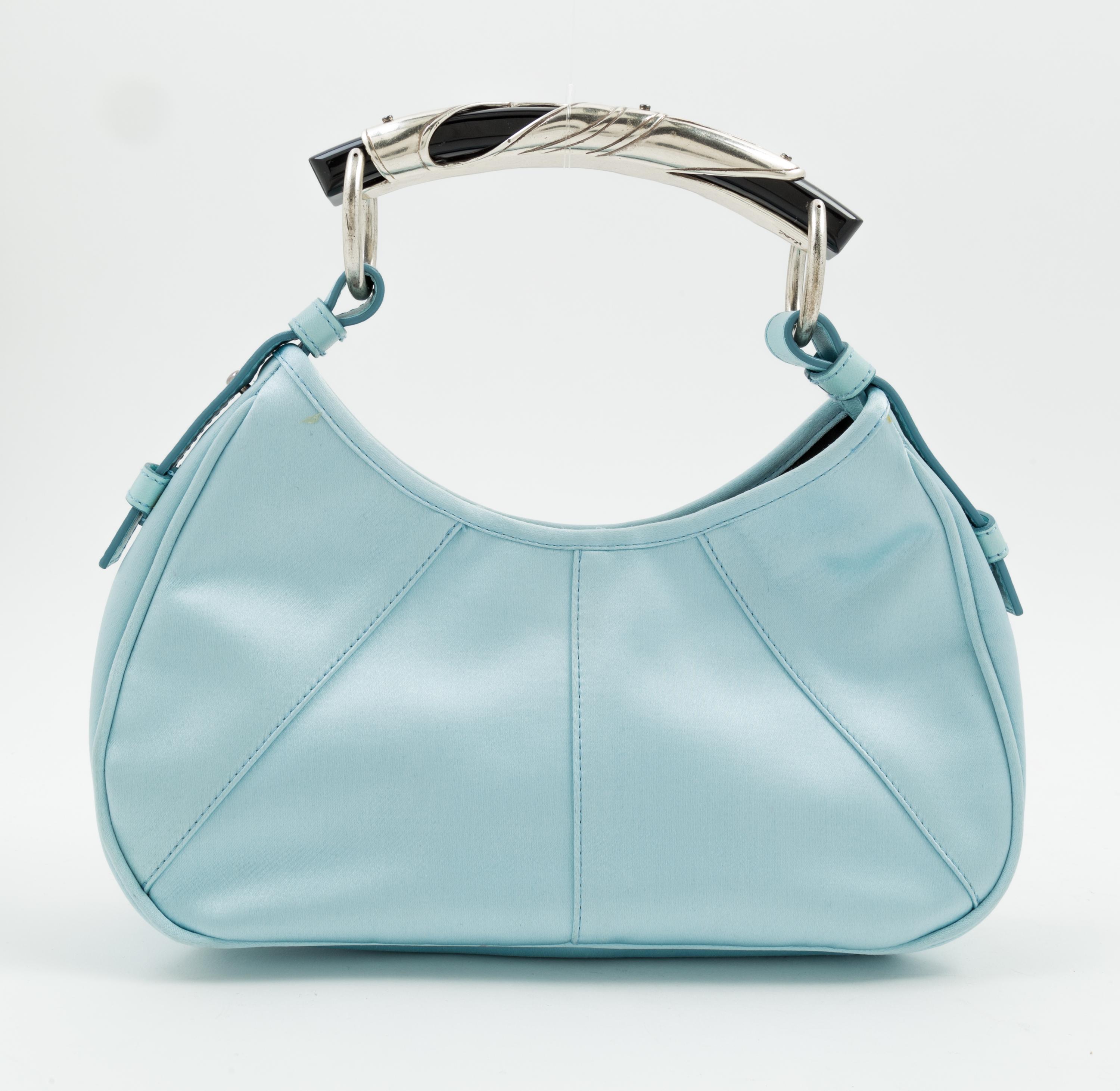 A Tom Ford for Yves Saint Laurent Blue Satin Mombasa Bag, 10" x 5" x 2.5"; Handle drop: 4".