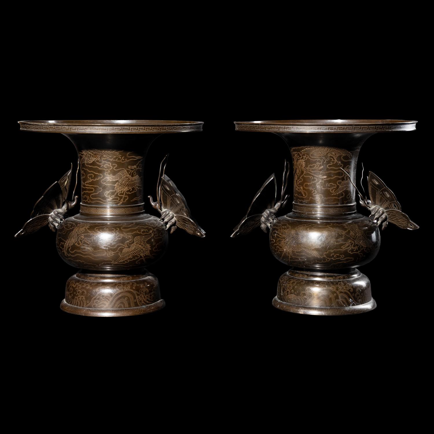 A Pair of Japanese Inlaid Bronze 'Butterfly' Vases, Late Edo/Early Meiji Period