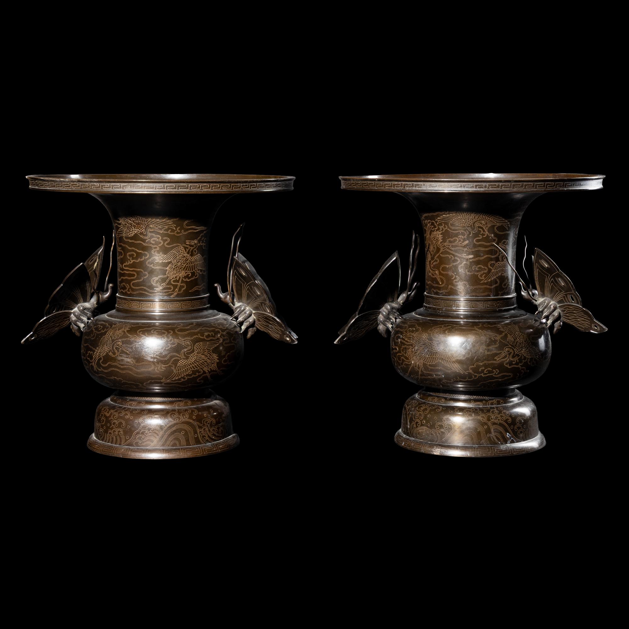 A Pair of Japanese Inlaid Bronze 'Butterfly' Vases, Late Edo/Early Meiji Period
