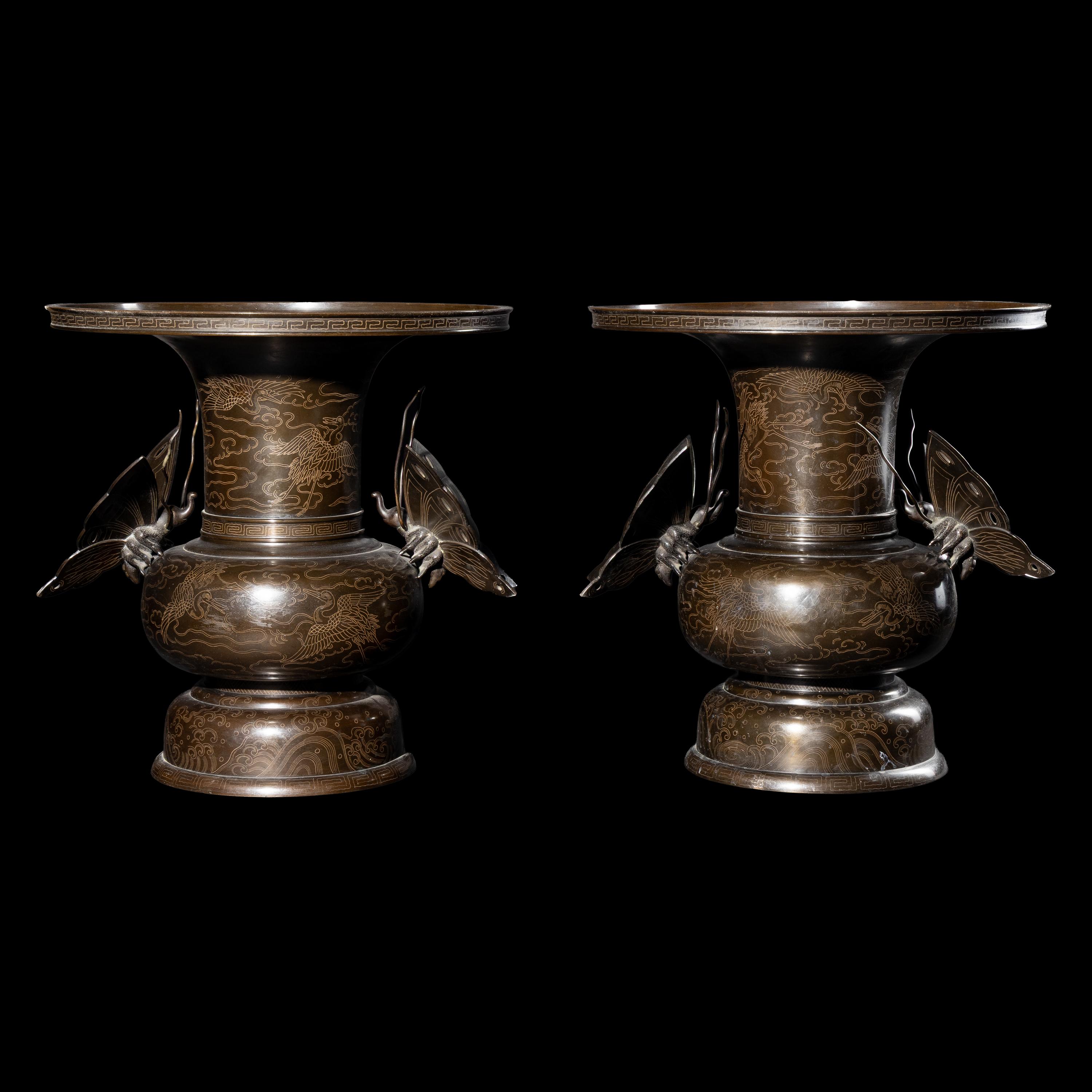 A Pair of Japanese Inlaid Bronze 'Butterfly' Vases, Late Edo/Early Meiji Period
