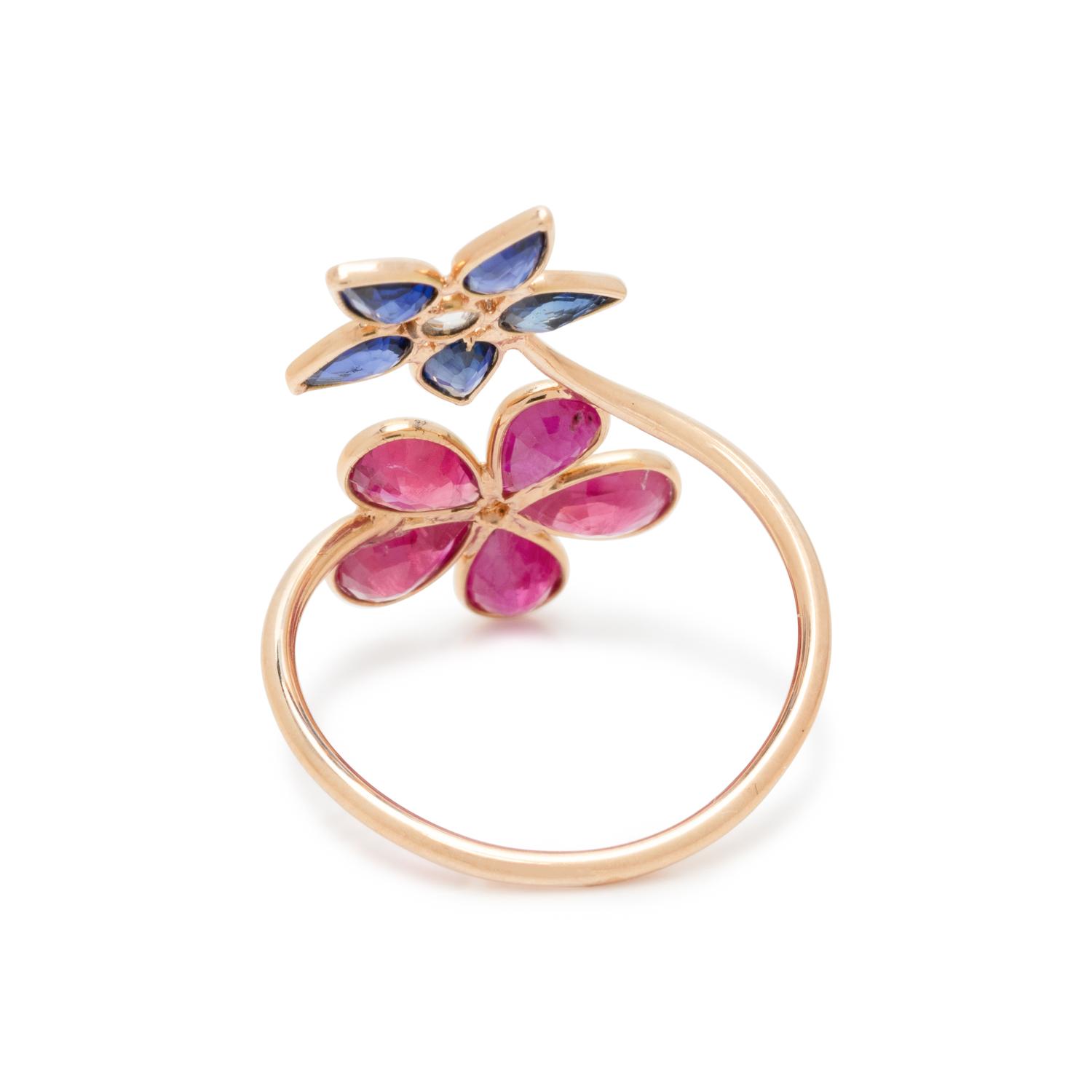 SYNTHETIC RUBY, SAPPHIRE AND DIAMOND FLOWER RING